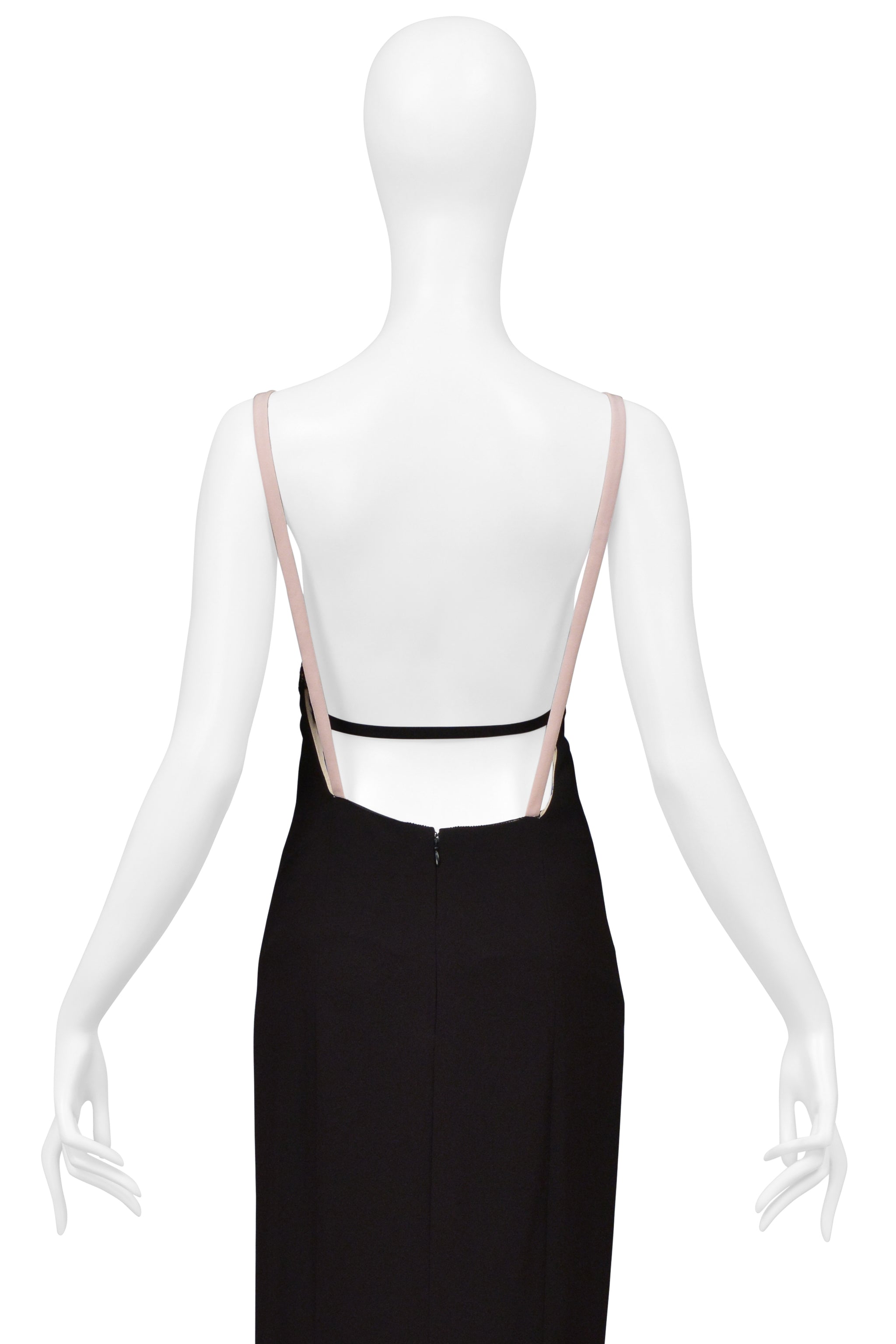 BOTTEGA VENETA BLACK AND BLUSH PINK GOWN WITH LACE DETAILING AND LONG TRAIN