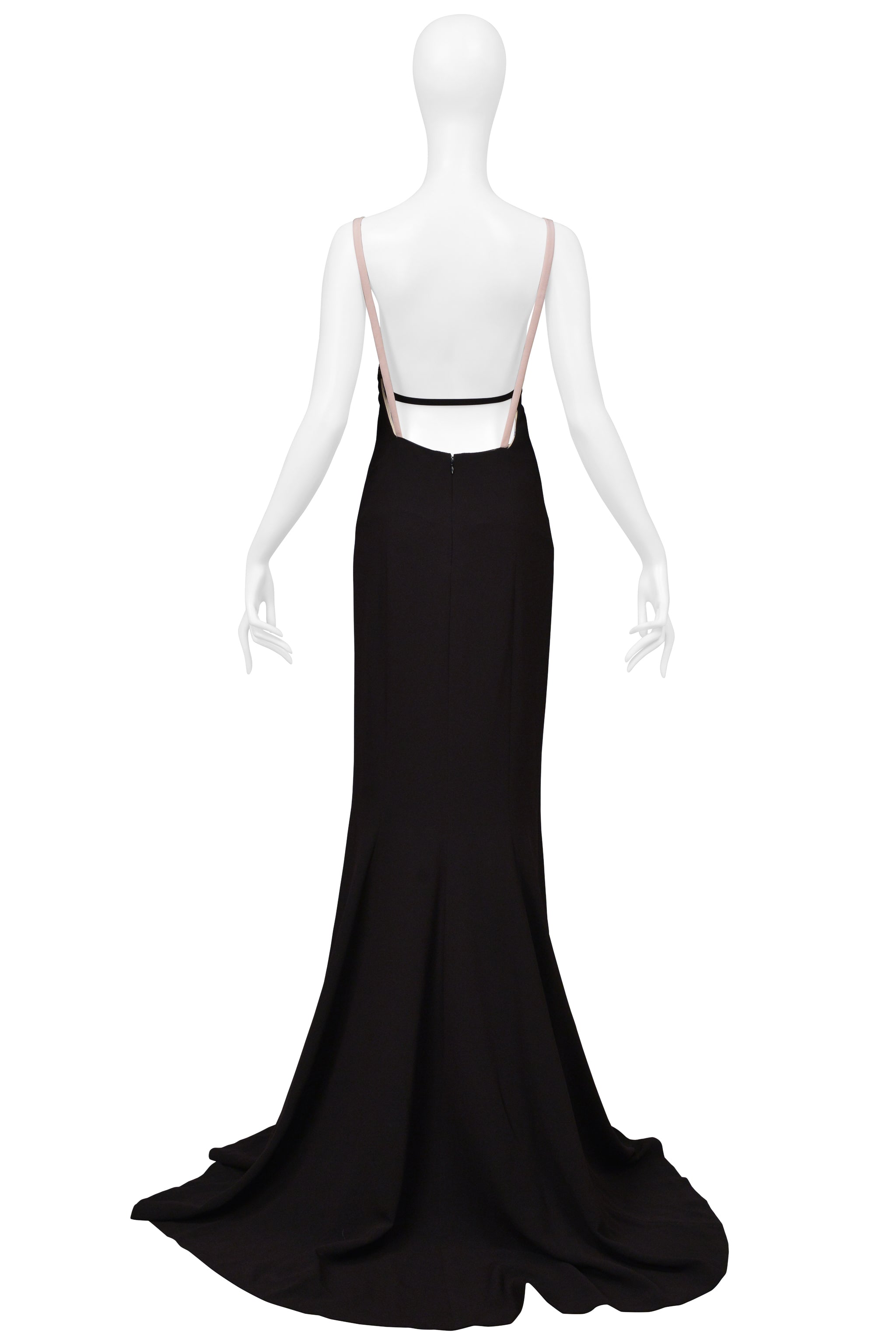 BOTTEGA VENETA BLACK AND BLUSH PINK GOWN WITH LACE DETAILING AND LONG TRAIN
