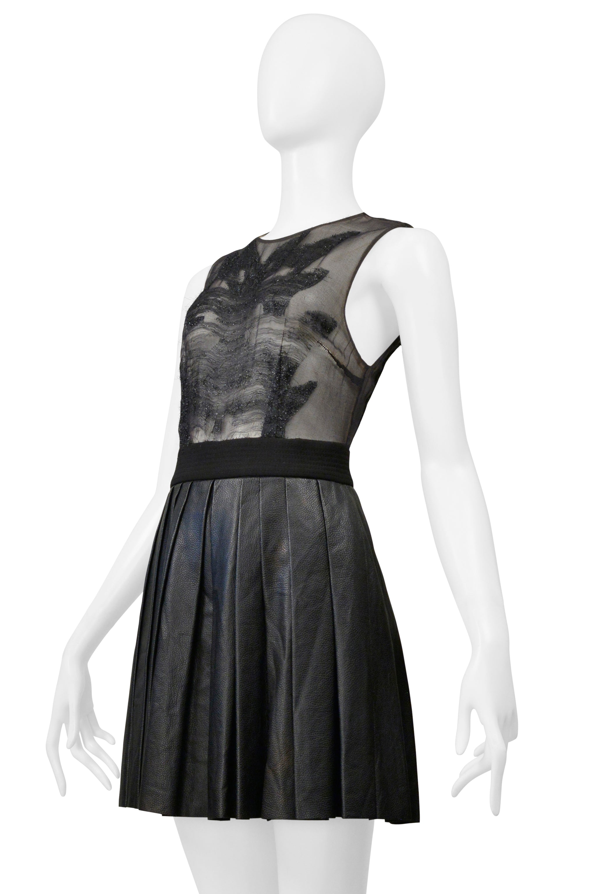 BYBLOS BLACK MINI DRESS WITH SHEER TOP & PLEATED LEATHER SKIRT