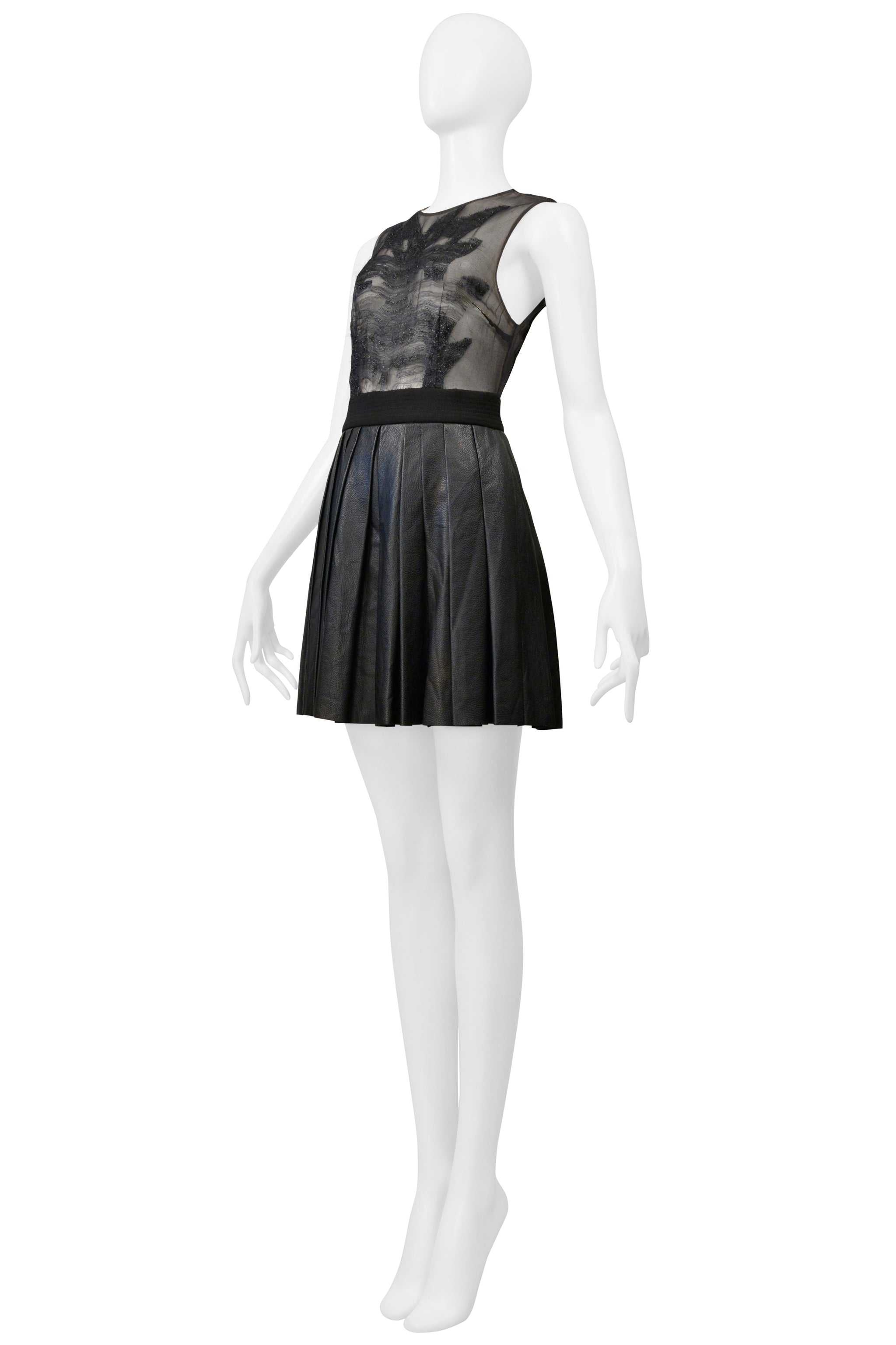 BYBLOS BLACK MINI DRESS WITH SHEER TOP & PLEATED LEATHER SKIRT
