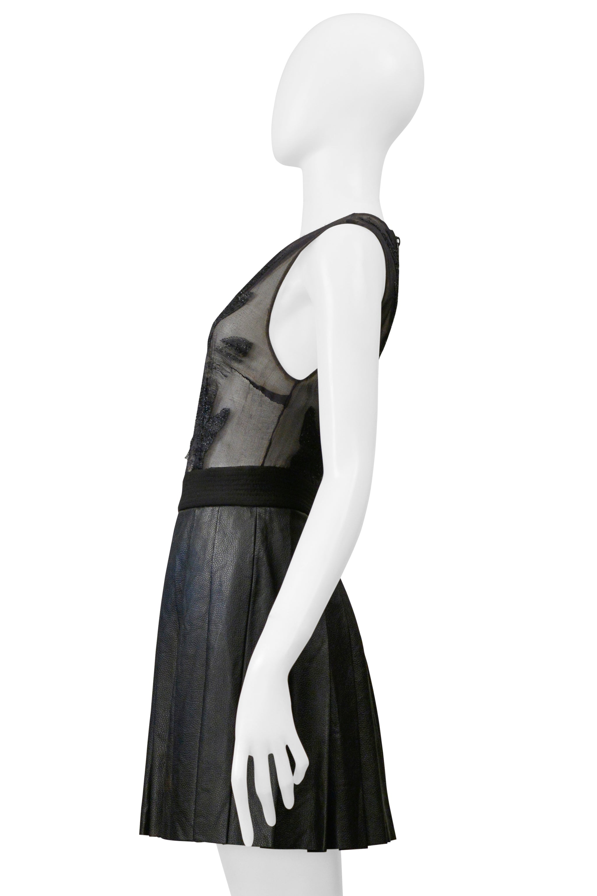 BYBLOS BLACK MINI DRESS WITH SHEER TOP & PLEATED LEATHER SKIRT