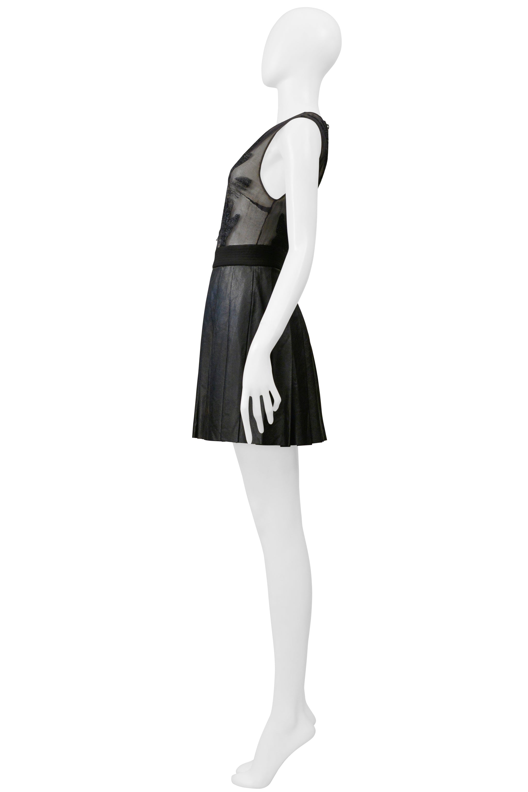 BYBLOS BLACK MINI DRESS WITH SHEER TOP & PLEATED LEATHER SKIRT