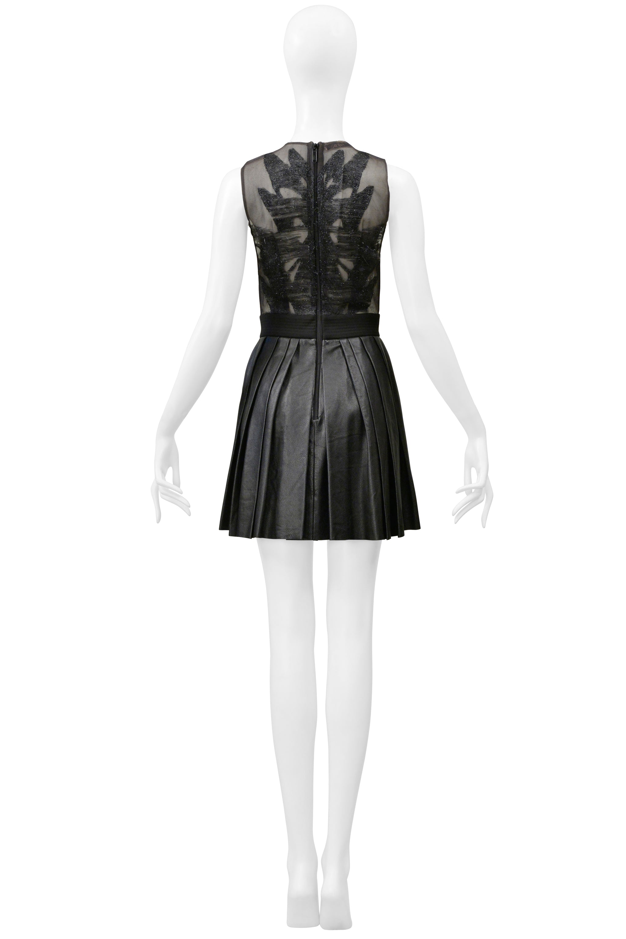BYBLOS BLACK MINI DRESS WITH SHEER TOP & PLEATED LEATHER SKIRT