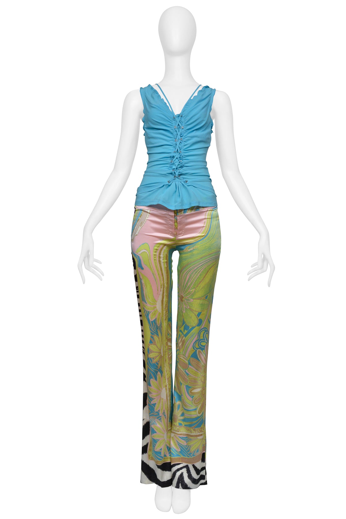 ROBERTO CAVALLI TEAL LACE UP TOP WITH PASTEL AND ZEBRA PRINT PANTS ENSEMBLE 2004
