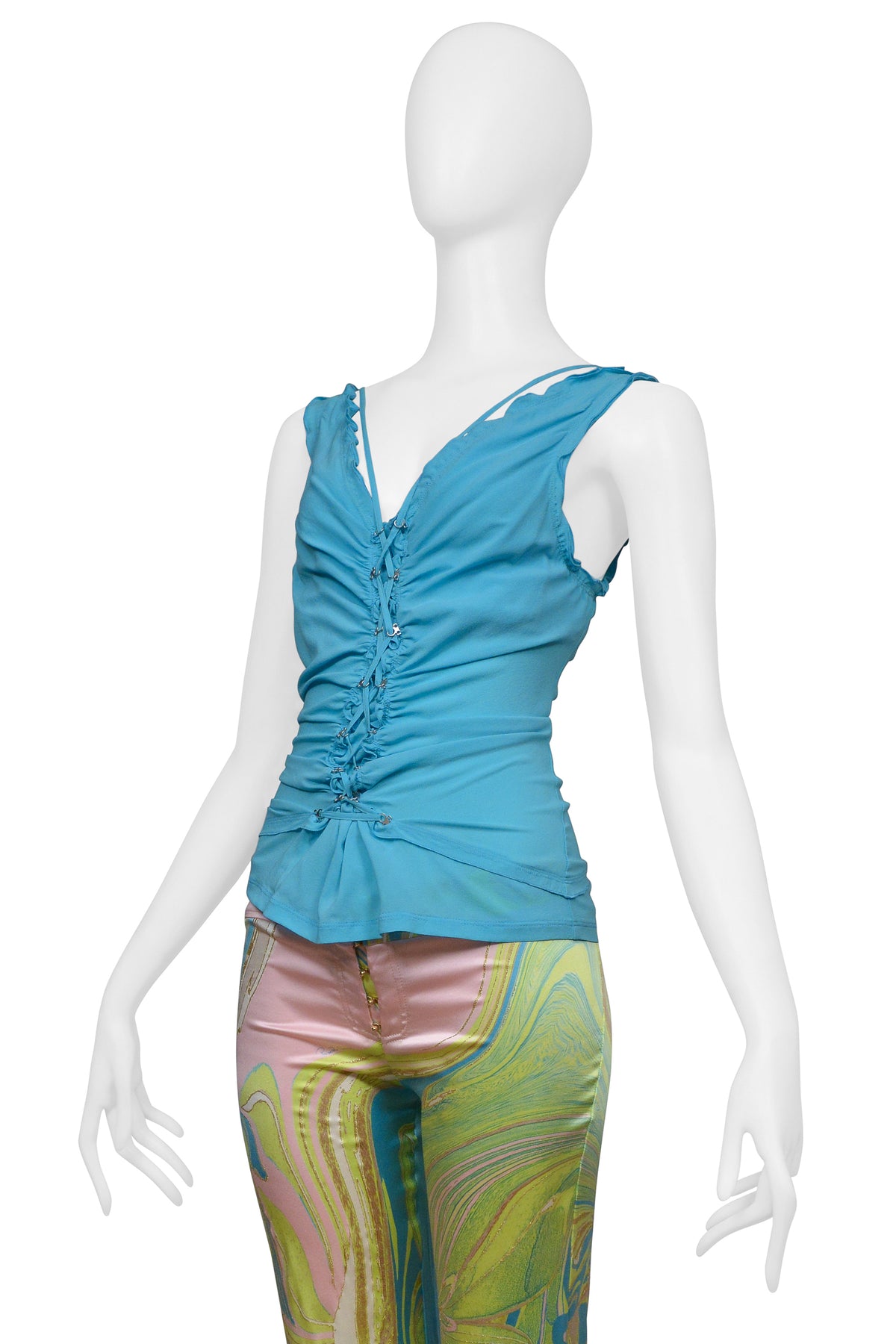ROBERTO CAVALLI TEAL LACE UP TOP WITH PASTEL AND ZEBRA PRINT PANTS ENSEMBLE 2004