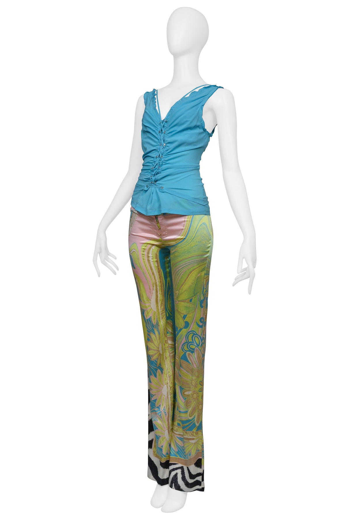 ROBERTO CAVALLI TEAL LACE UP TOP WITH PASTEL AND ZEBRA PRINT PANTS ENSEMBLE 2004