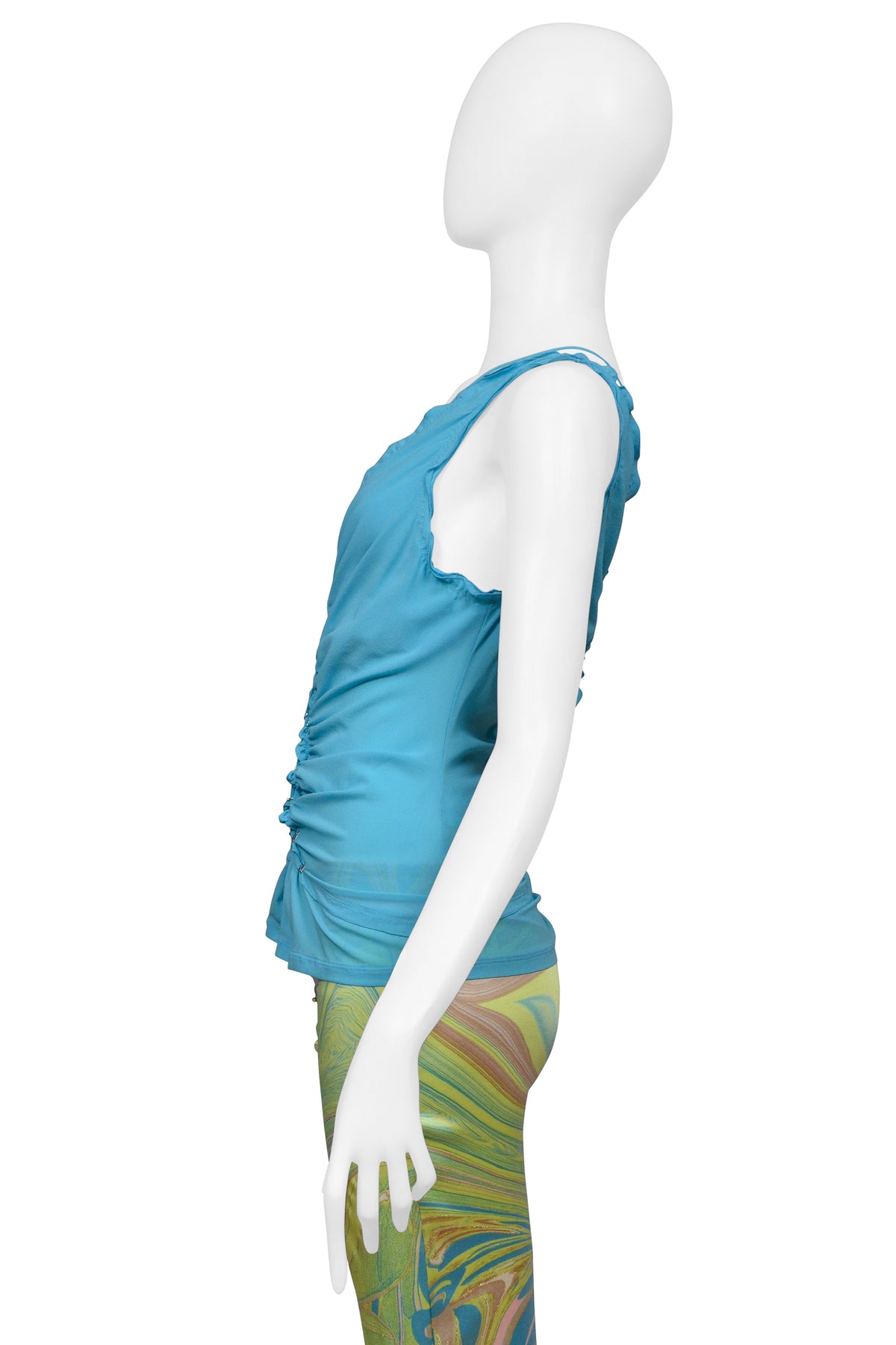 ROBERTO CAVALLI TEAL LACE UP TOP WITH PASTEL AND ZEBRA PRINT PANTS ENSEMBLE 2004
