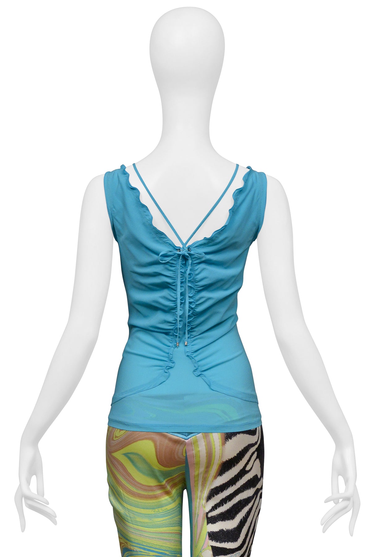 ROBERTO CAVALLI TEAL LACE UP TOP WITH PASTEL AND ZEBRA PRINT PANTS ENSEMBLE 2004