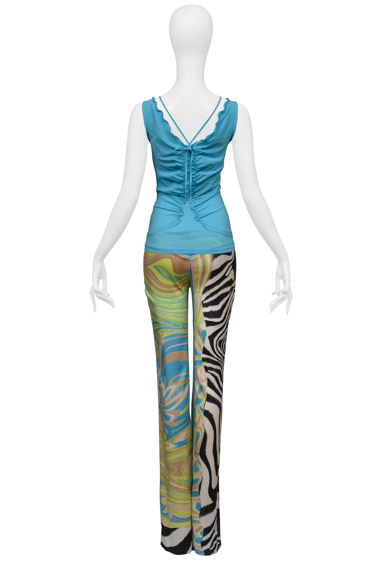 ROBERTO CAVALLI TEAL LACE UP TOP WITH PASTEL AND ZEBRA PRINT PANTS ENSEMBLE 2004