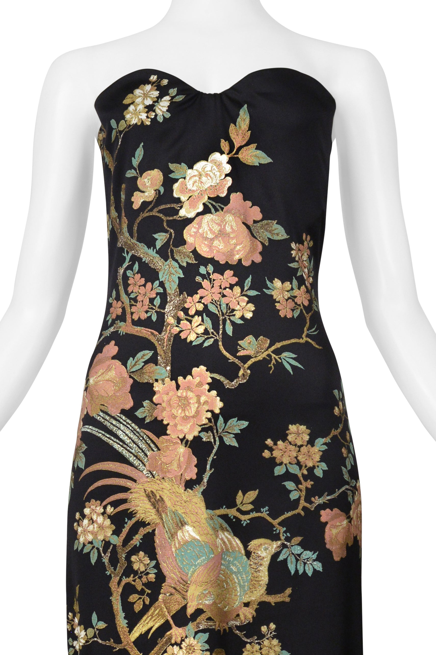 ROBERTO CAVALLI BLACK SATIN STRAPLESS GOWN WITH ASIAN FLORAL PRINT AW 2006