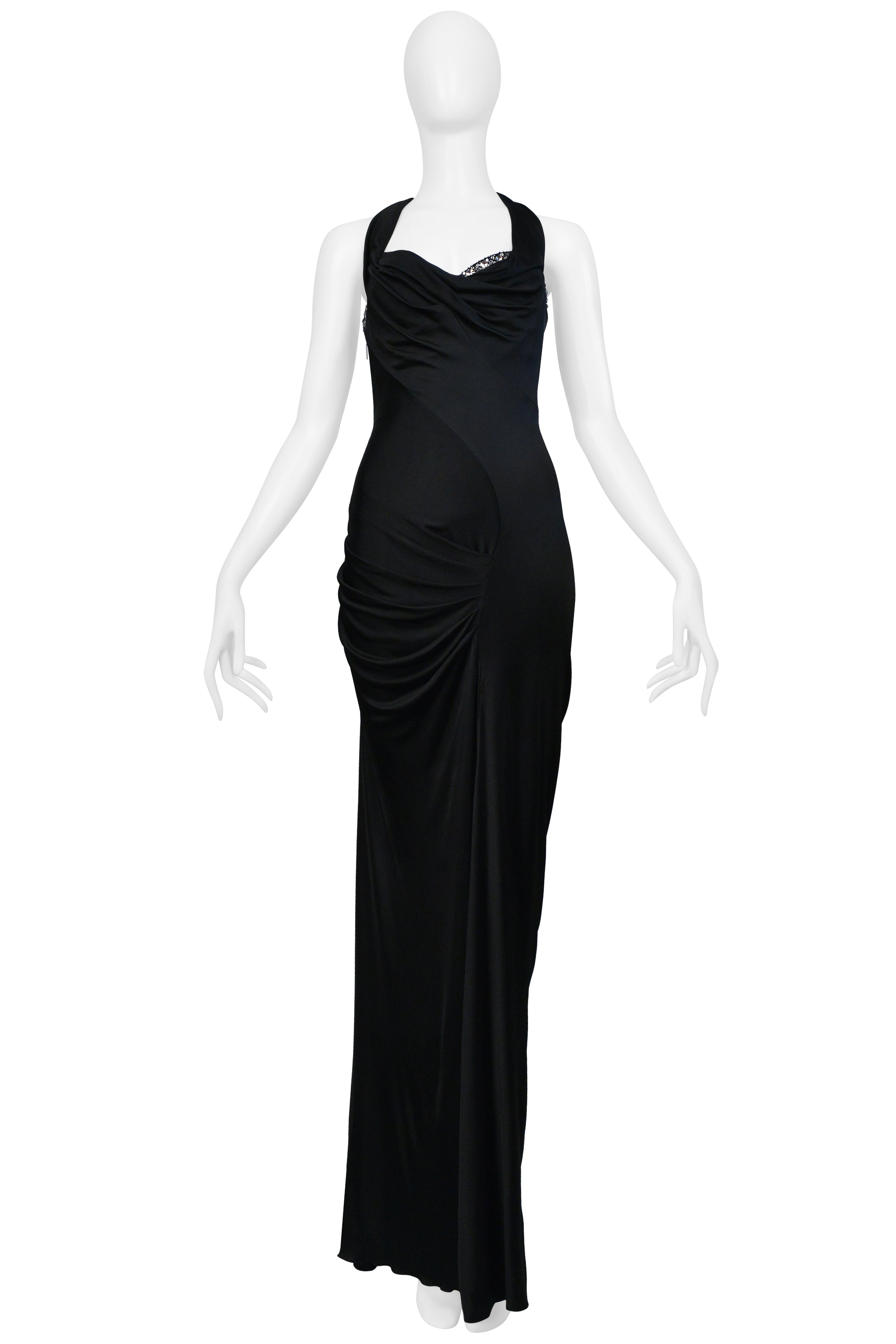 ROBERTO CAVALLI BLACK HALTER GOWN WITH CRYSTAL NECKLINE AND HIGH SLIT 2008