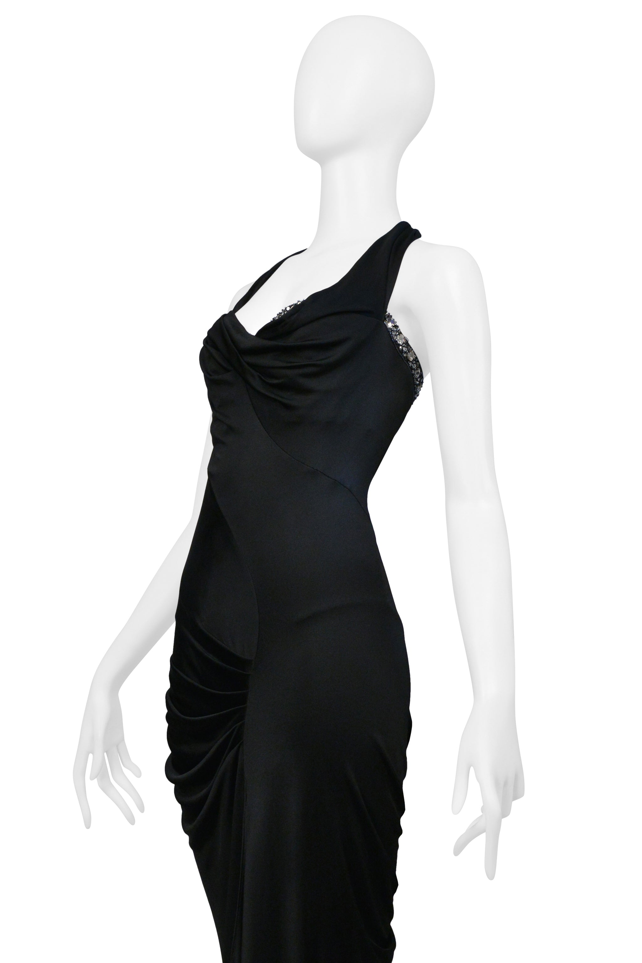 ROBERTO CAVALLI BLACK HALTER GOWN WITH CRYSTAL NECKLINE AND HIGH SLIT 2008