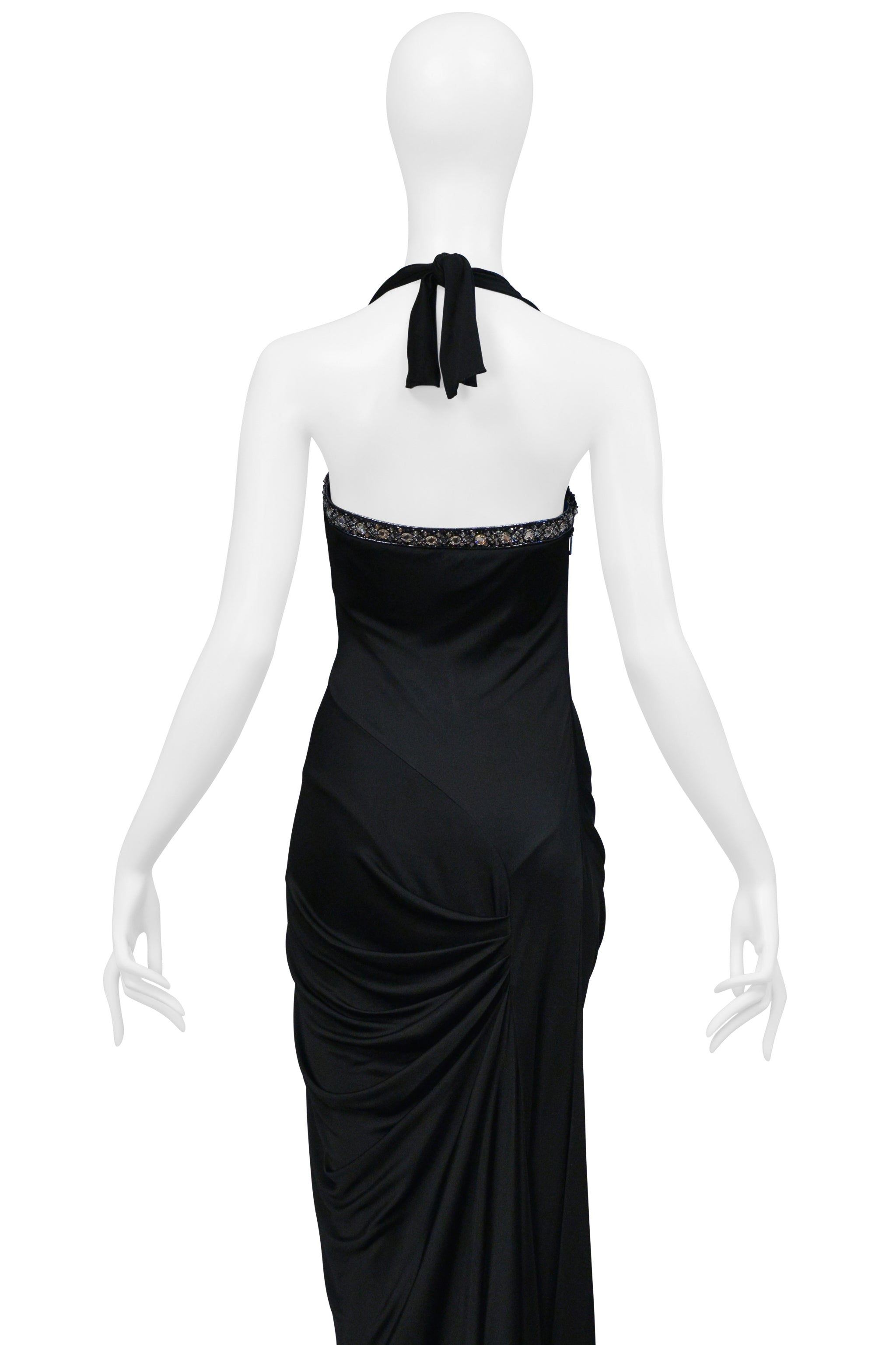 ROBERTO CAVALLI BLACK HALTER GOWN WITH CRYSTAL NECKLINE AND HIGH SLIT 2008