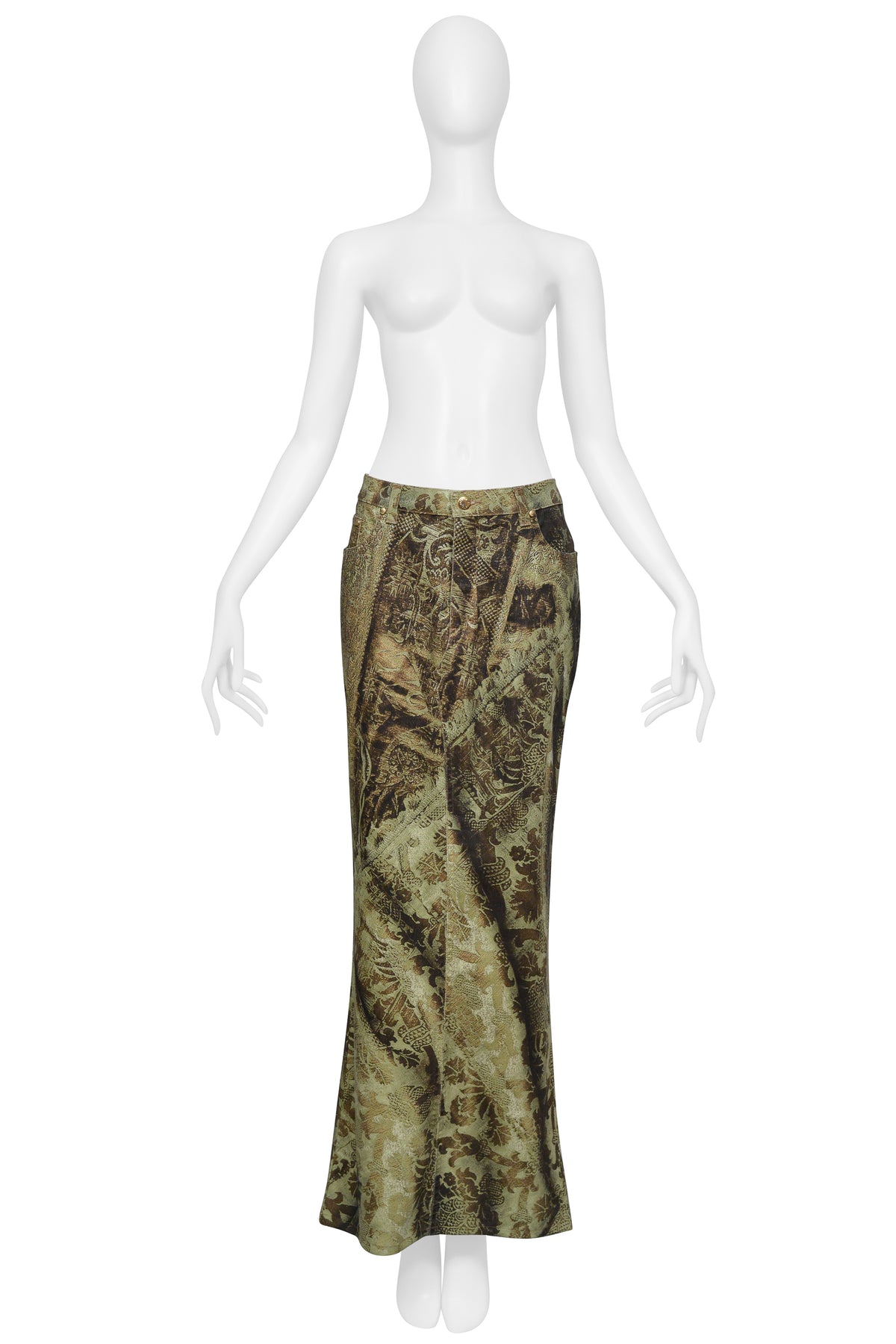 ROBERTO CAVALLI GREEN PRINTED LONG DENIM SKIRT CIR. 2000S