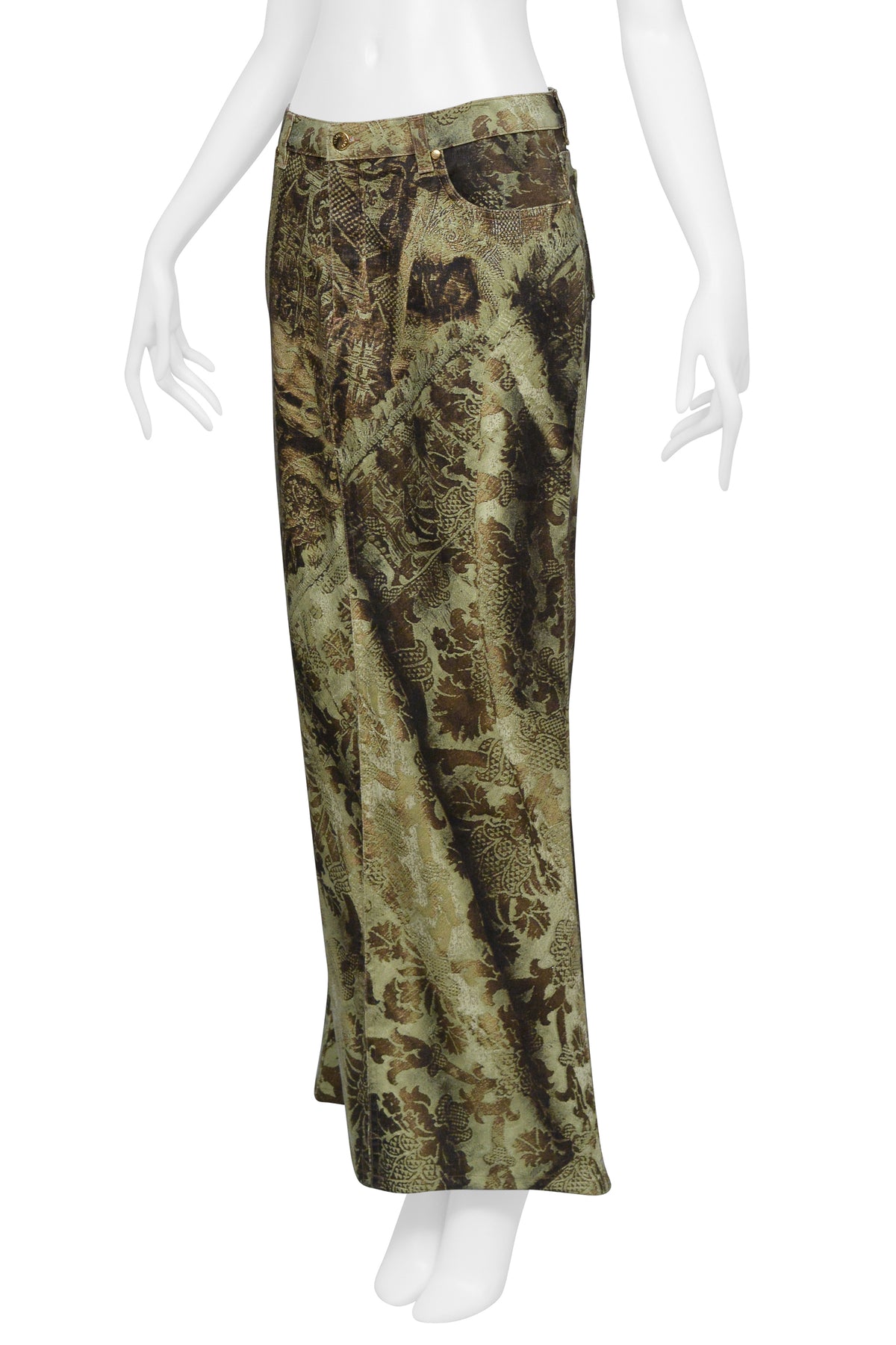 ROBERTO CAVALLI GREEN PRINTED LONG DENIM SKIRT CIR. 2000S