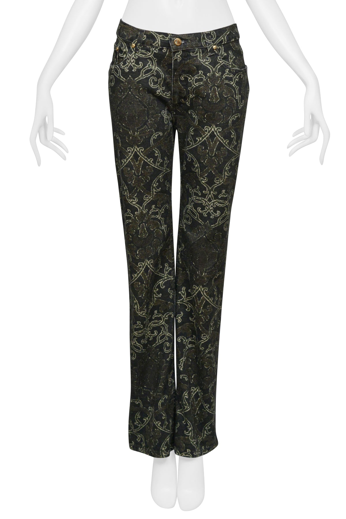 ROBERTO CAVALLI BLACK AND METALLIC SILK TOP WITH BLACK AND METALLIC PRINTED DENIM ENSEMBLE CIR. 2003