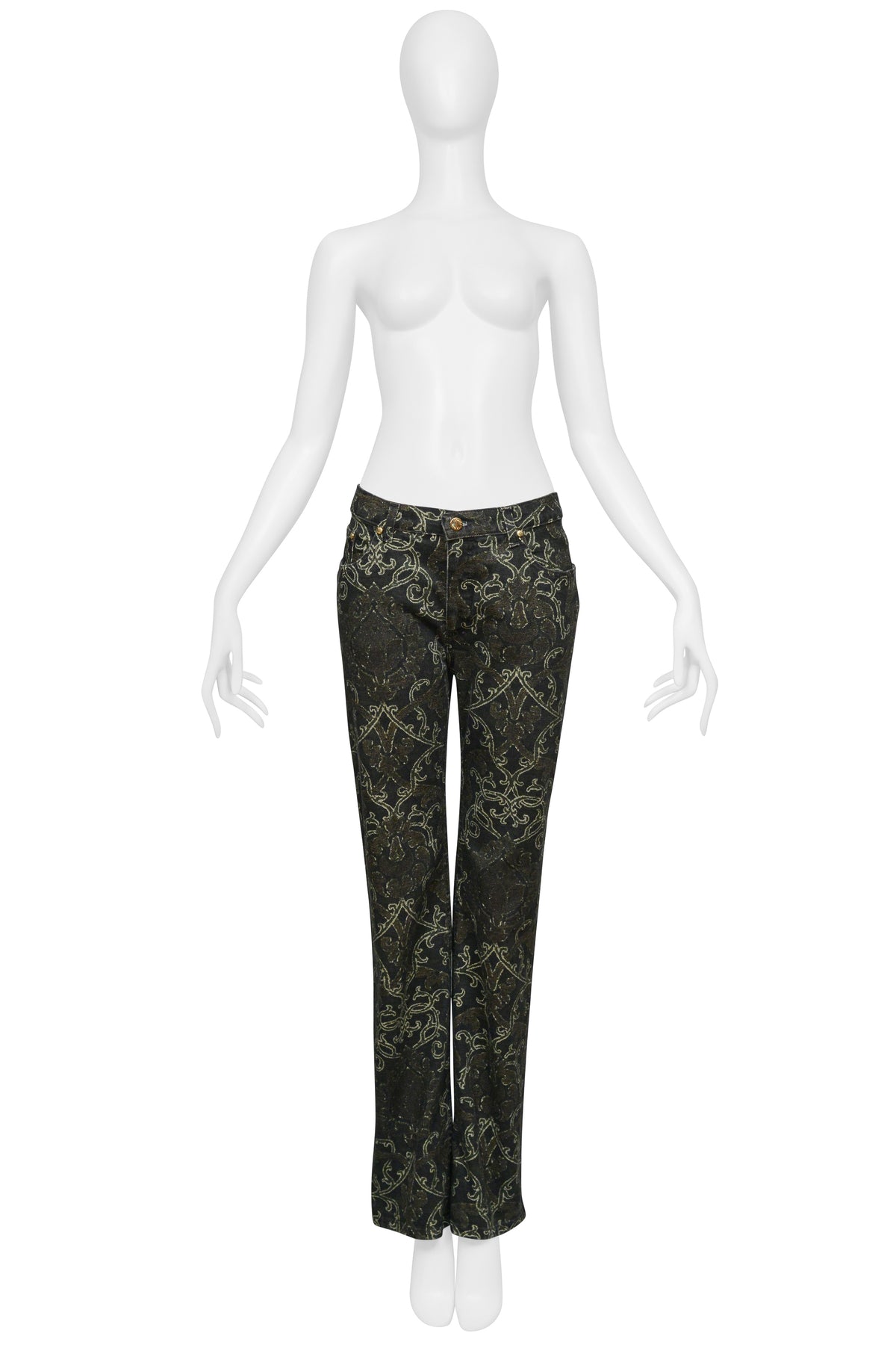 ROBERTO CAVALLI BLACK AND METALLIC SILK TOP WITH BLACK AND METALLIC PRINTED DENIM ENSEMBLE CIR. 2003