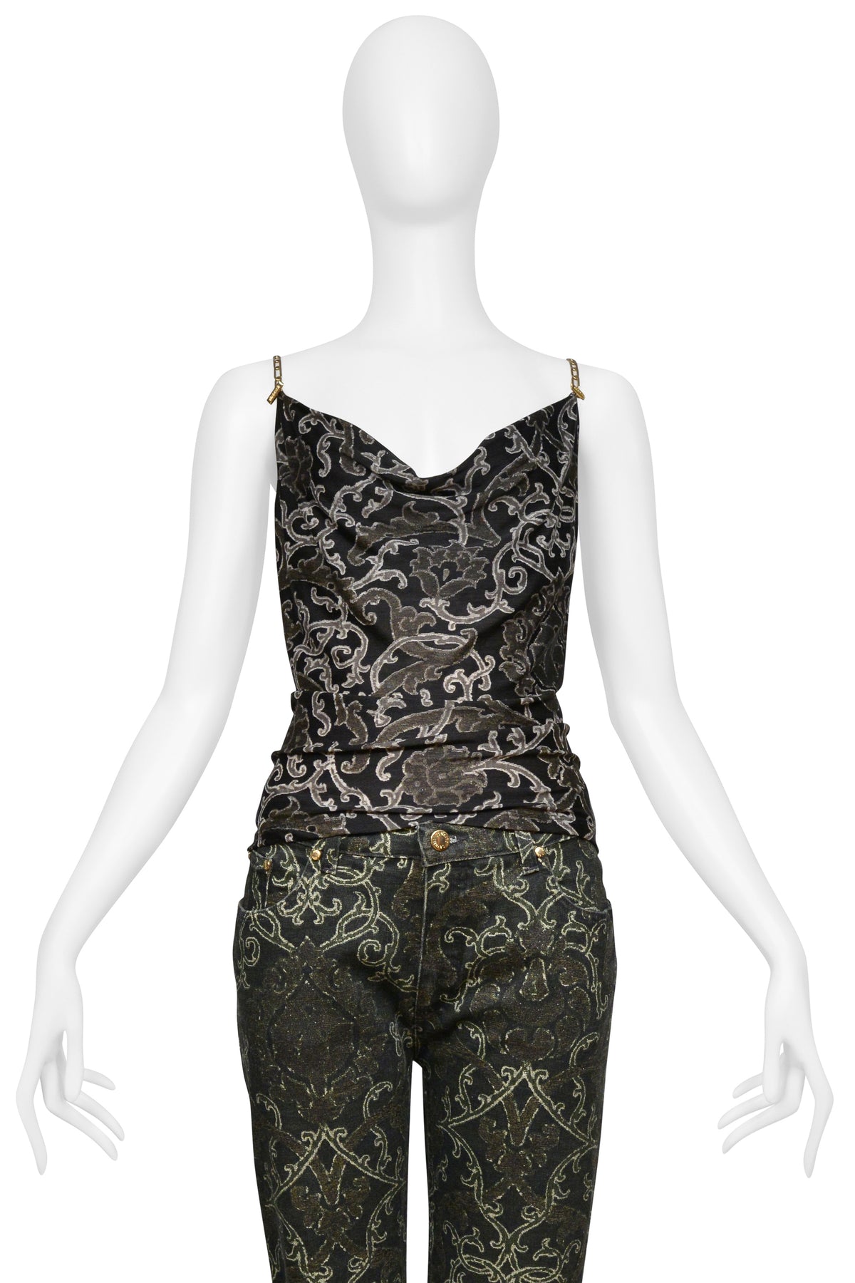 ROBERTO CAVALLI BLACK AND METALLIC SILK TOP WITH BLACK AND METALLIC PRINTED DENIM ENSEMBLE CIR. 2003