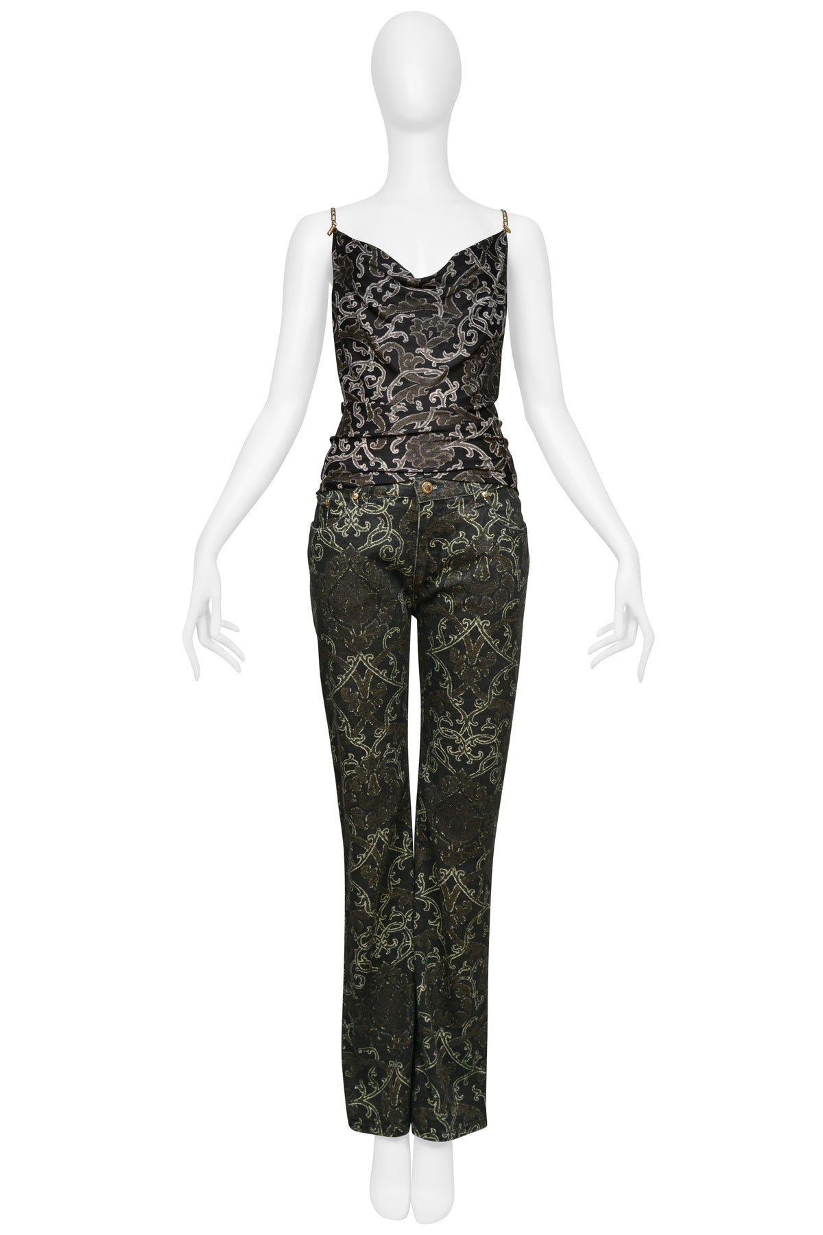 ROBERTO CAVALLI BLACK AND METALLIC SILK TOP WITH BLACK AND METALLIC PRINTED DENIM ENSEMBLE CIR. 2003