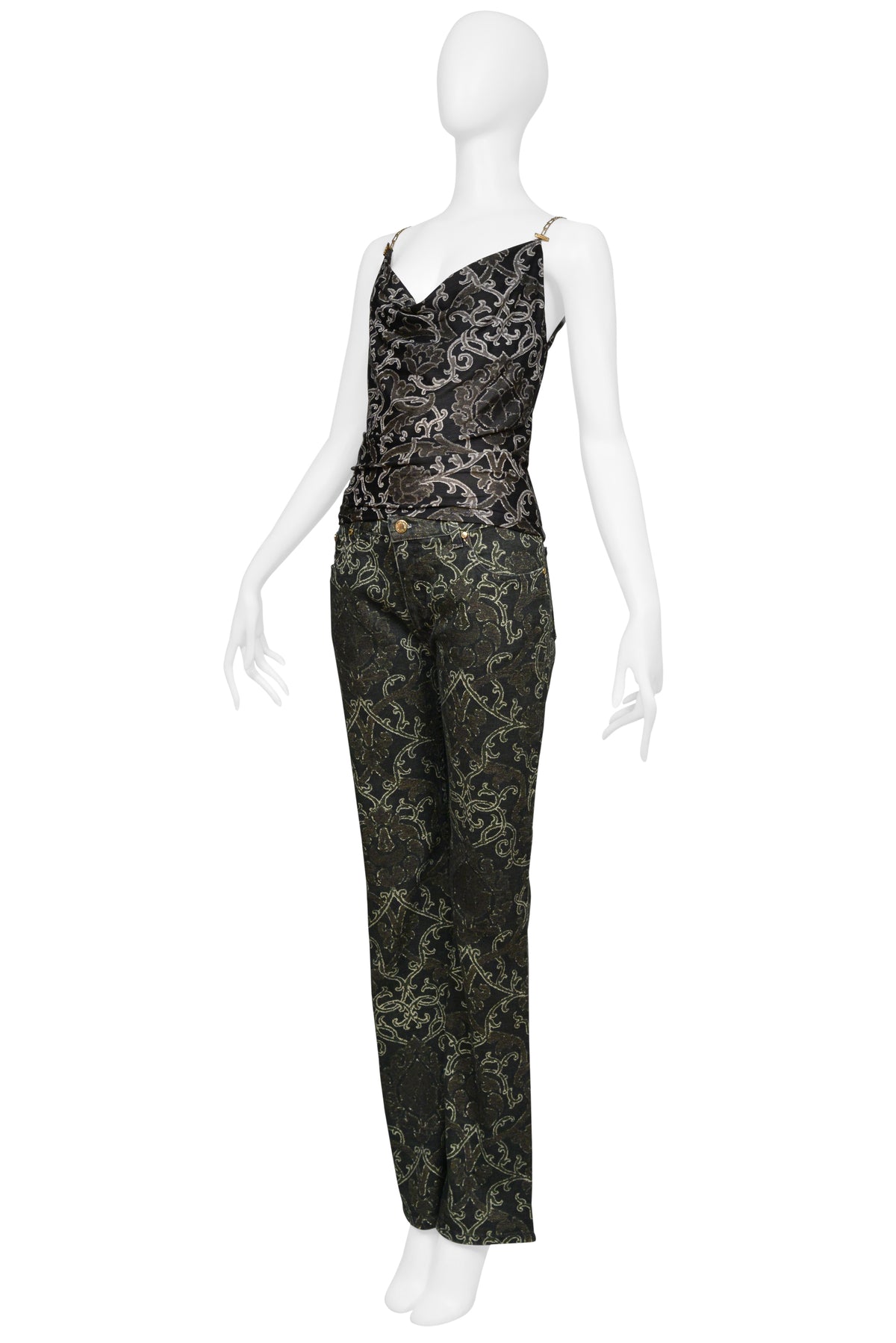 ROBERTO CAVALLI BLACK AND METALLIC SILK TOP WITH BLACK AND METALLIC PRINTED DENIM ENSEMBLE CIR. 2003