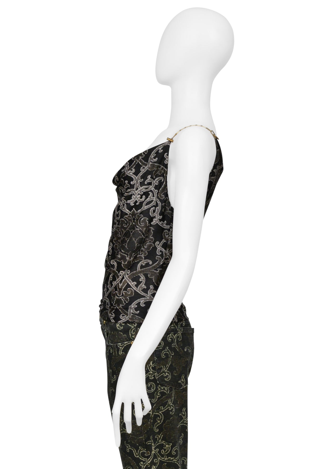 ROBERTO CAVALLI BLACK AND METALLIC SILK TOP WITH BLACK AND METALLIC PRINTED DENIM ENSEMBLE CIR. 2003