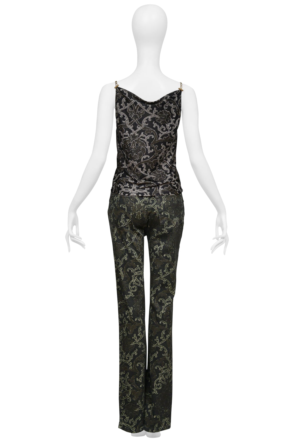 ROBERTO CAVALLI BLACK AND METALLIC SILK TOP WITH BLACK AND METALLIC PRINTED DENIM ENSEMBLE CIR. 2003