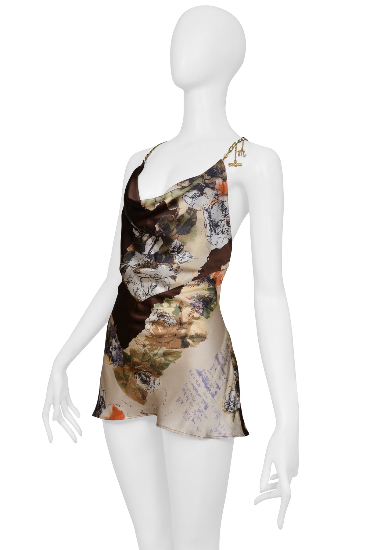 ROBERTO CAVALLI BROWN PRINTED SILK HALTER TOP WITH CHAIN C. 2003