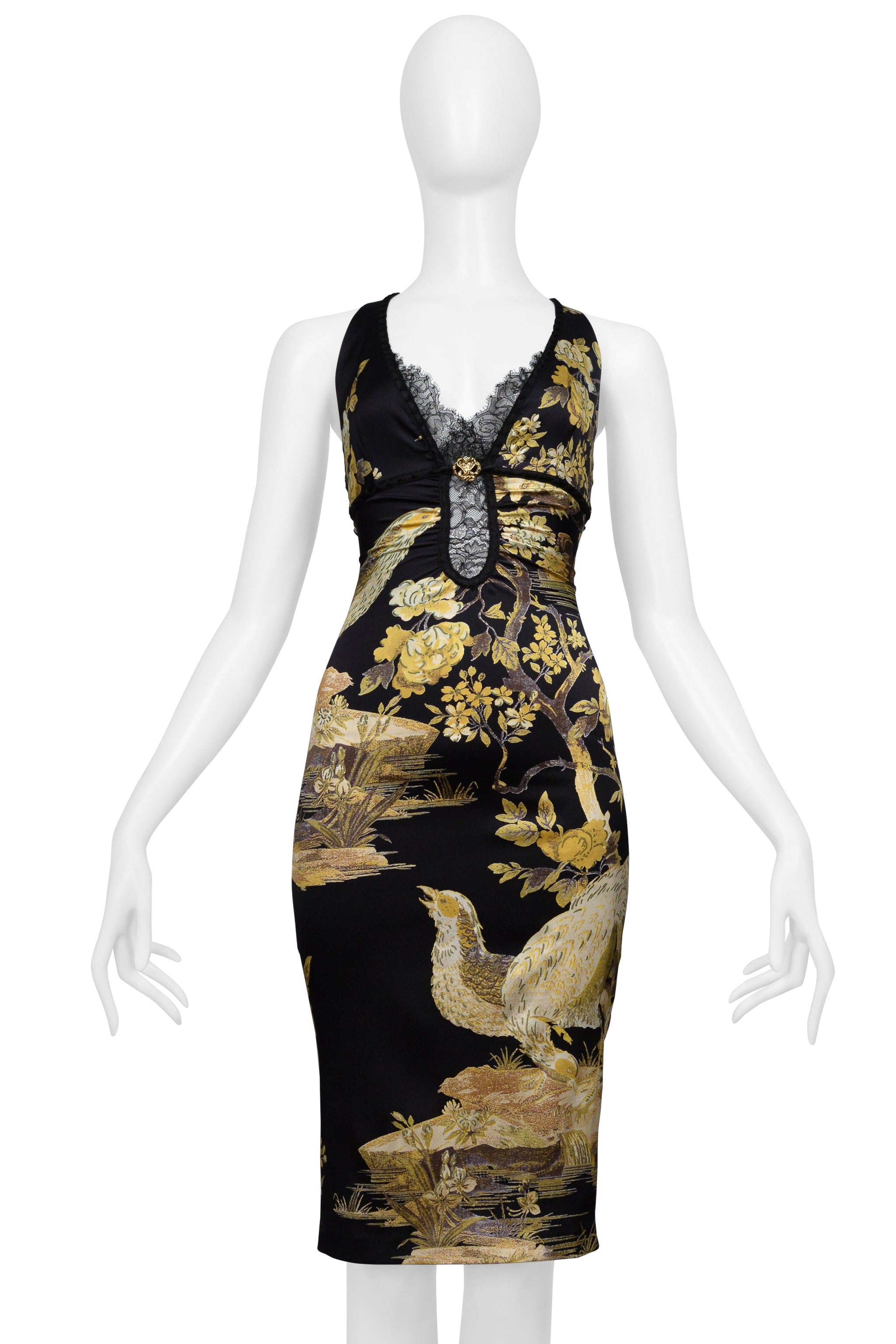 ROBERTO CAVALLI BLACK SILK DRESS WITH LACE AND GOLD BIRD FLORAL PRINT 2006