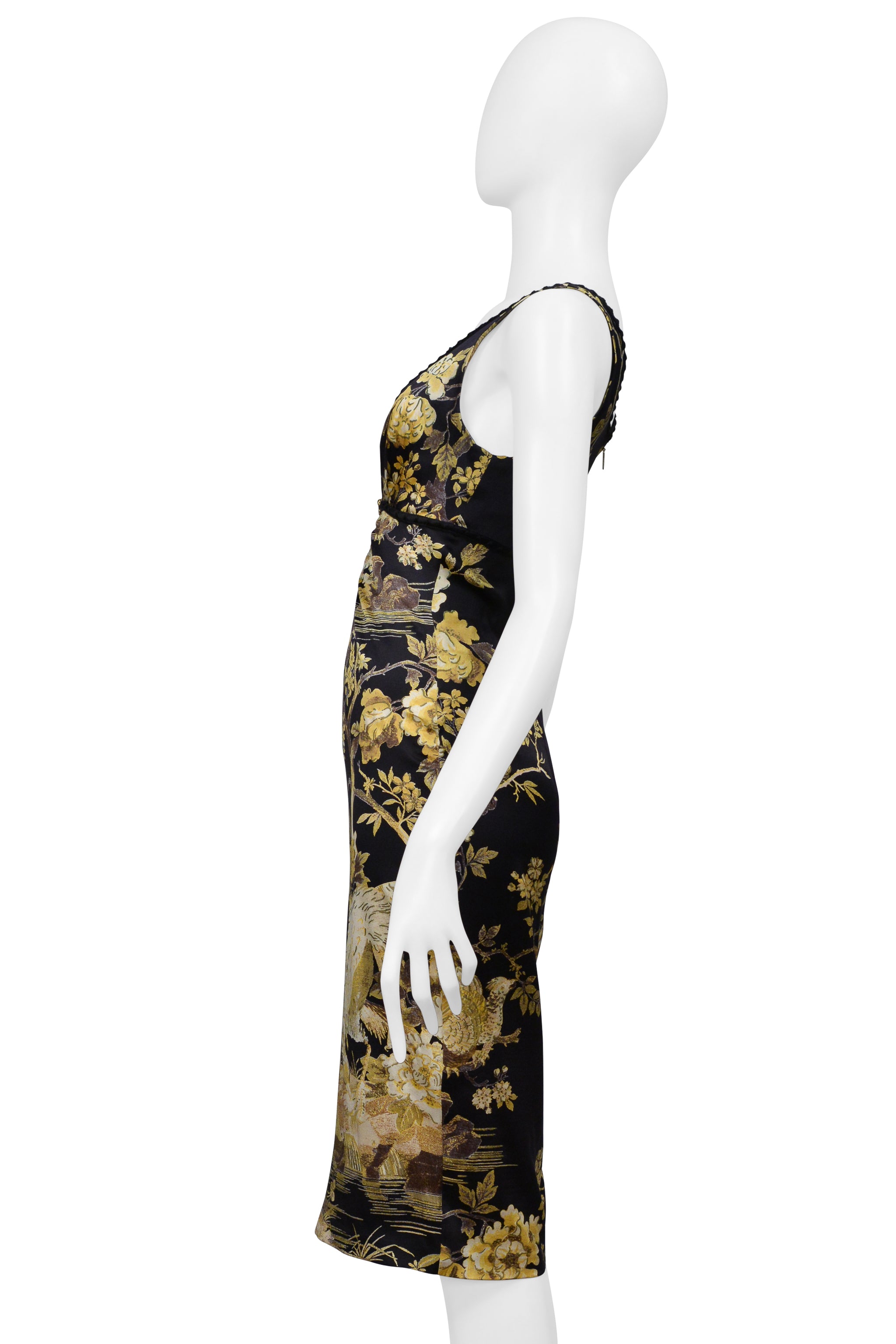 ROBERTO CAVALLI BLACK SILK DRESS WITH LACE AND GOLD BIRD FLORAL PRINT 2006