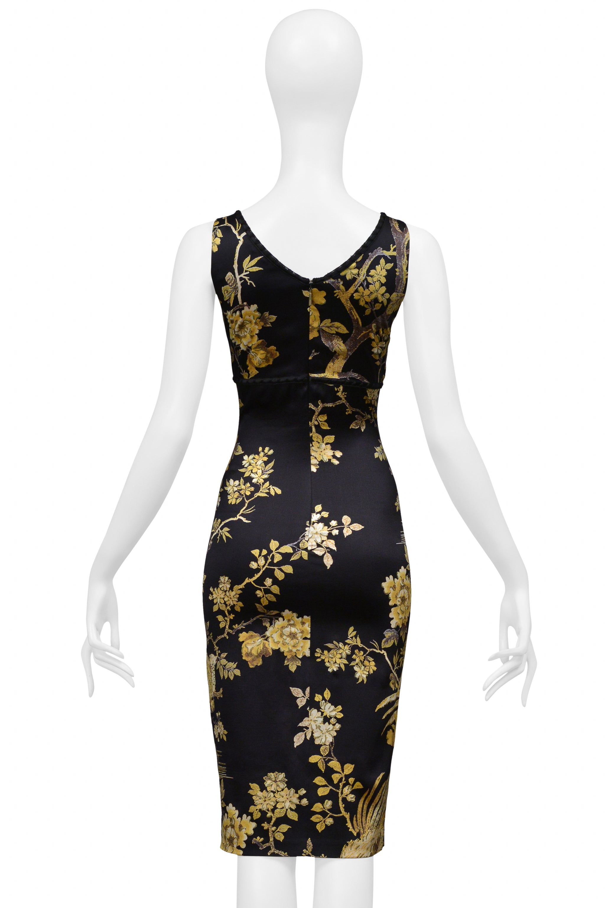 ROBERTO CAVALLI BLACK SILK DRESS WITH LACE AND GOLD BIRD FLORAL PRINT 2006