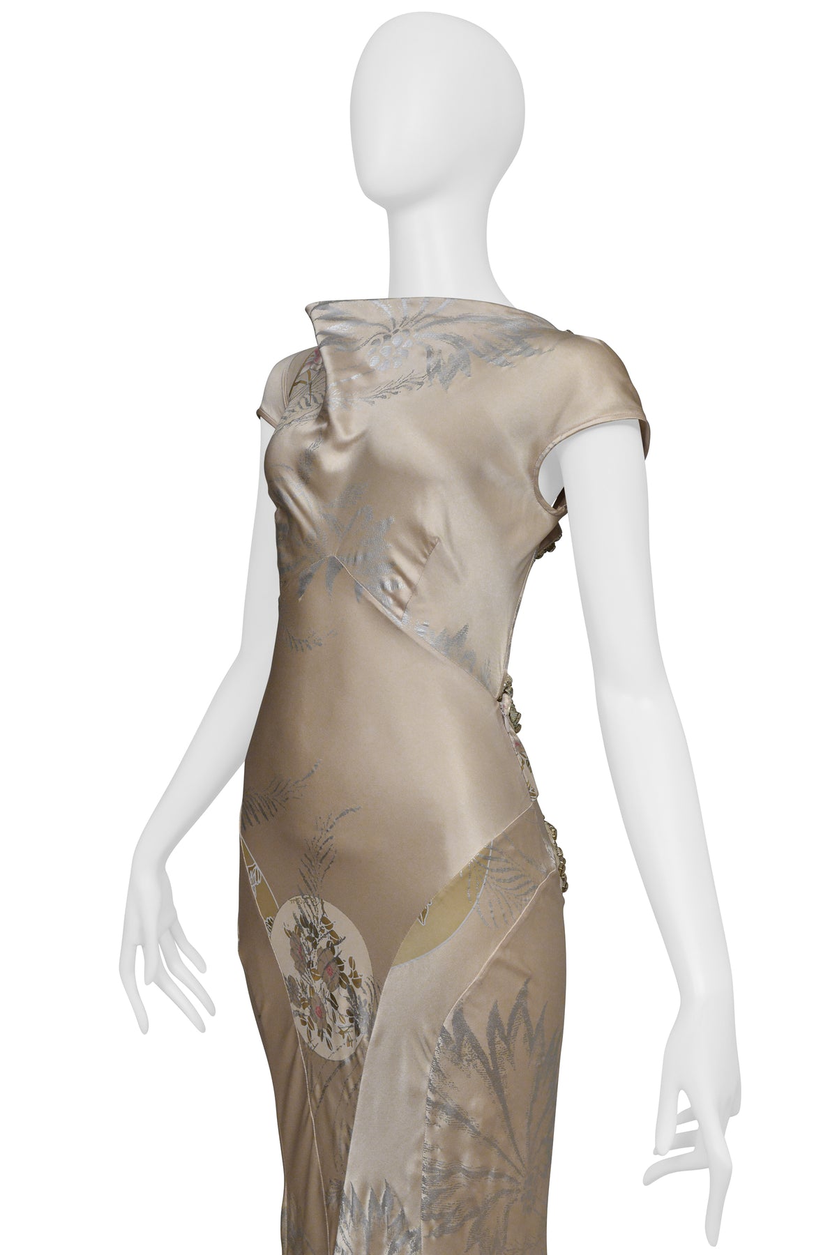 ROBERTO CAVALLI CHAMPAGNE GOWN WITH INTRICATE BEADING AND DRAMATIC TRAIN 2006
