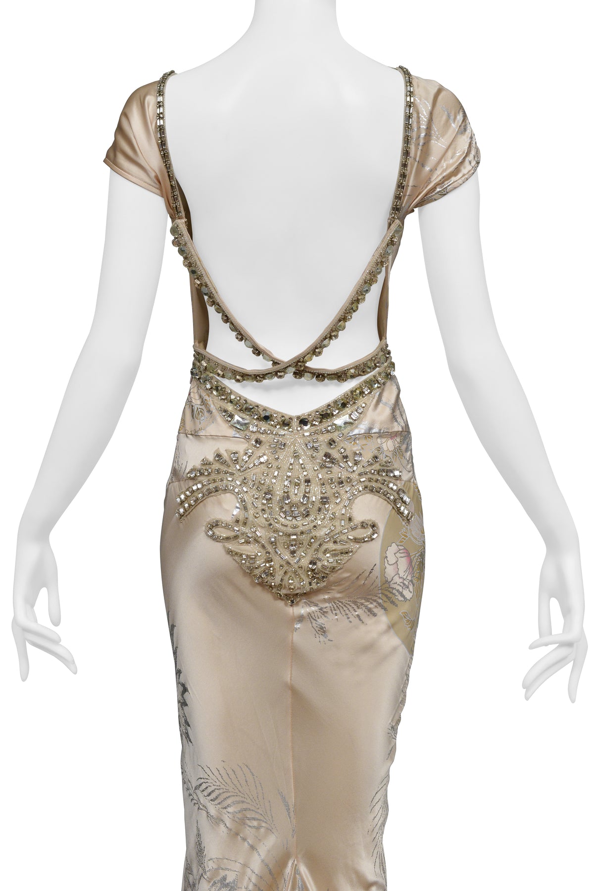 ROBERTO CAVALLI CHAMPAGNE GOWN WITH INTRICATE BEADING AND DRAMATIC TRAIN 2006