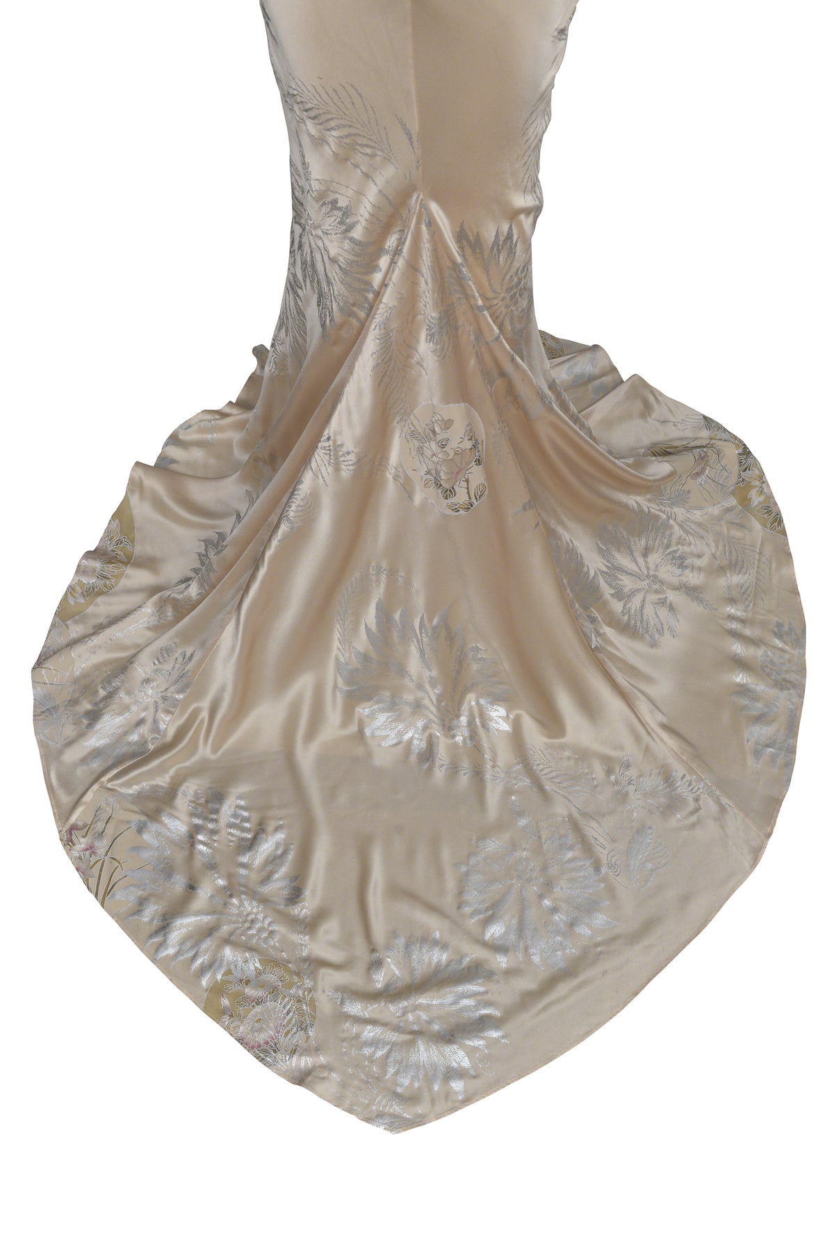 ROBERTO CAVALLI CHAMPAGNE GOWN WITH INTRICATE BEADING AND DRAMATIC TRAIN 2006