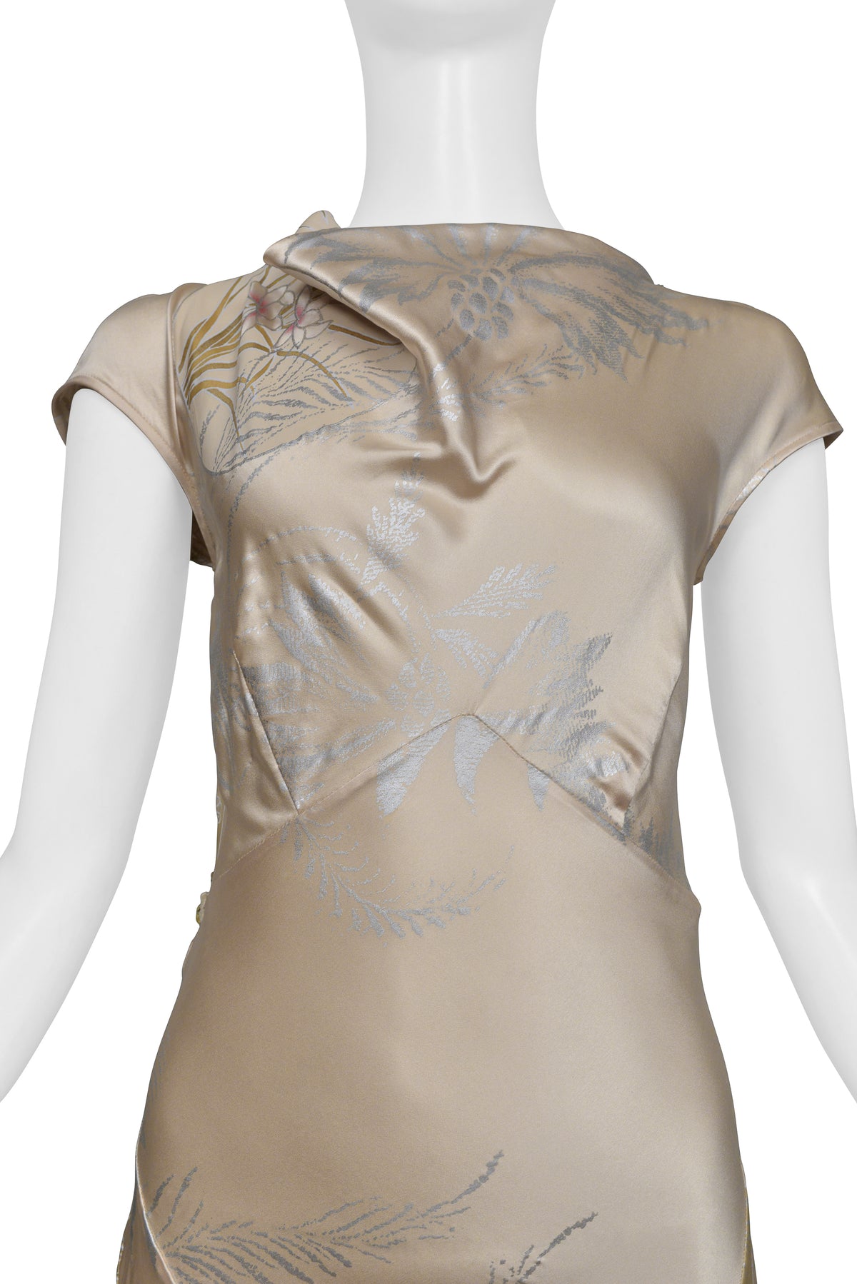 ROBERTO CAVALLI CHAMPAGNE GOWN WITH INTRICATE BEADING AND DRAMATIC TRAIN 2006
