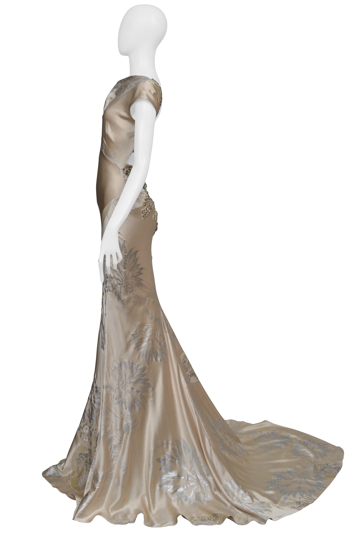 ROBERTO CAVALLI CHAMPAGNE GOWN WITH INTRICATE BEADING AND DRAMATIC TRAIN 2006