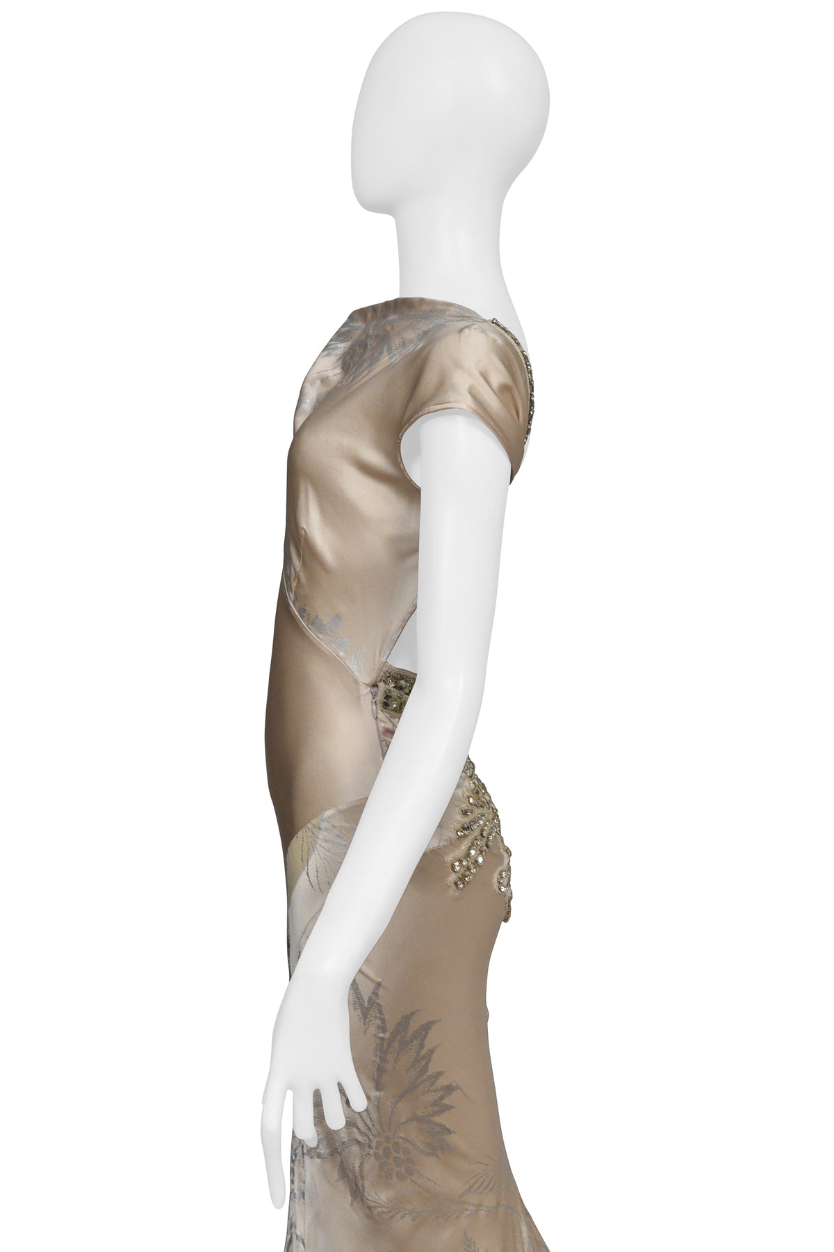 ROBERTO CAVALLI CHAMPAGNE GOWN WITH INTRICATE BEADING AND DRAMATIC TRAIN 2006