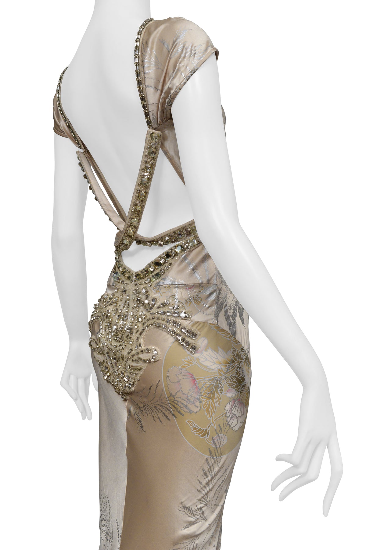 ROBERTO CAVALLI CHAMPAGNE GOWN WITH INTRICATE BEADING AND DRAMATIC TRAIN 2006