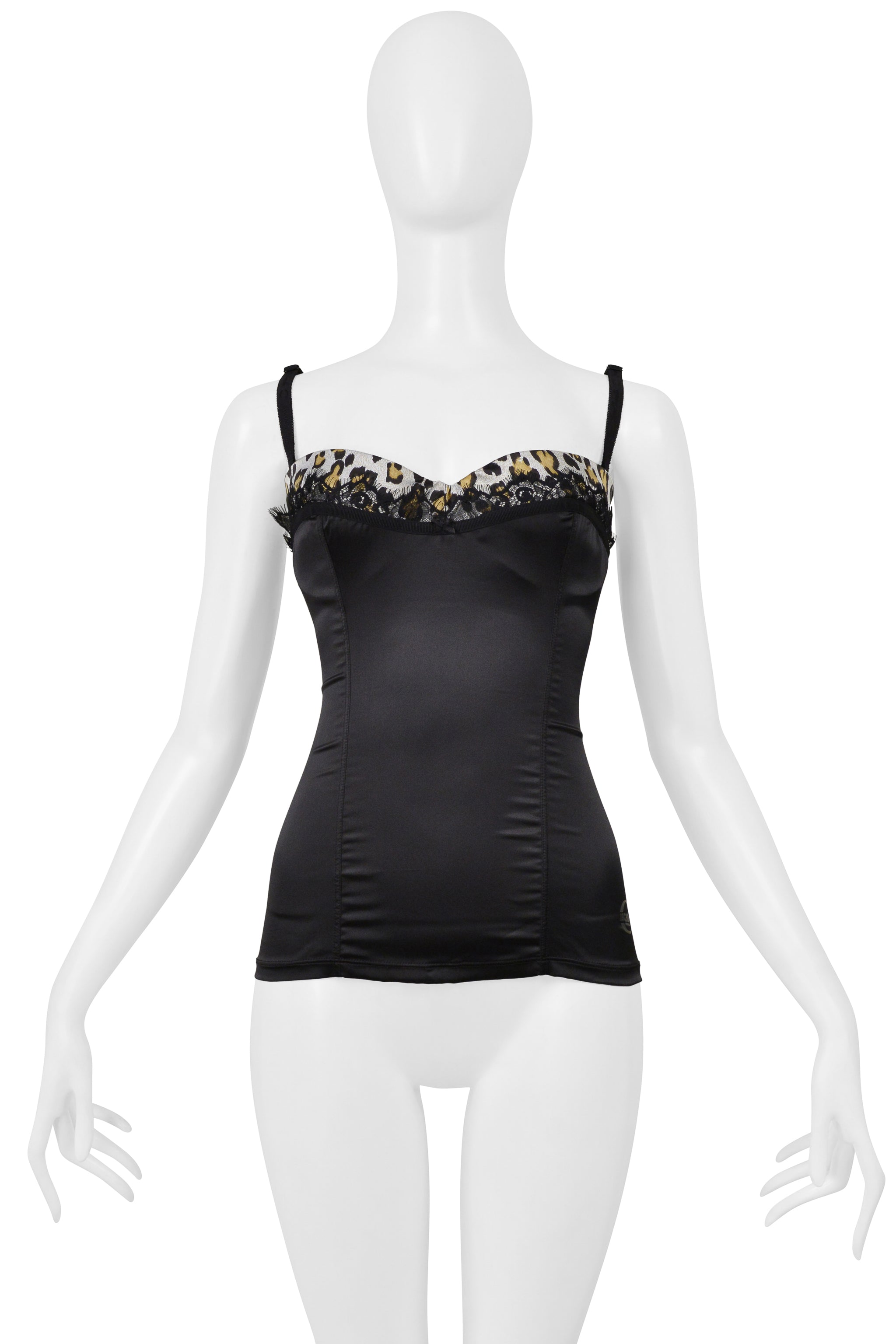 ROBERTO CAVALLI JUST CAVALLI BLACK SATIN & LEOPARD PRINT TOP