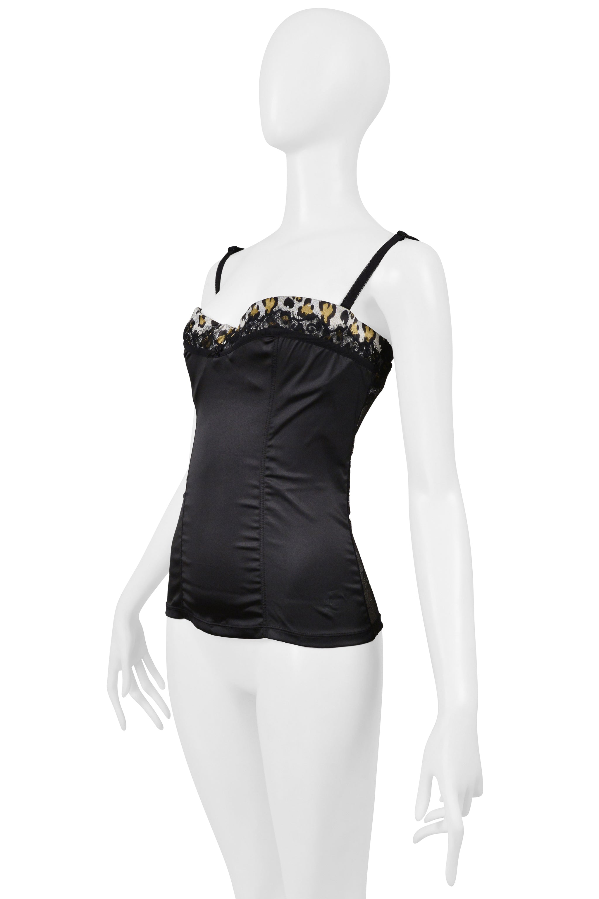 ROBERTO CAVALLI JUST CAVALLI BLACK SATIN & LEOPARD PRINT TOP