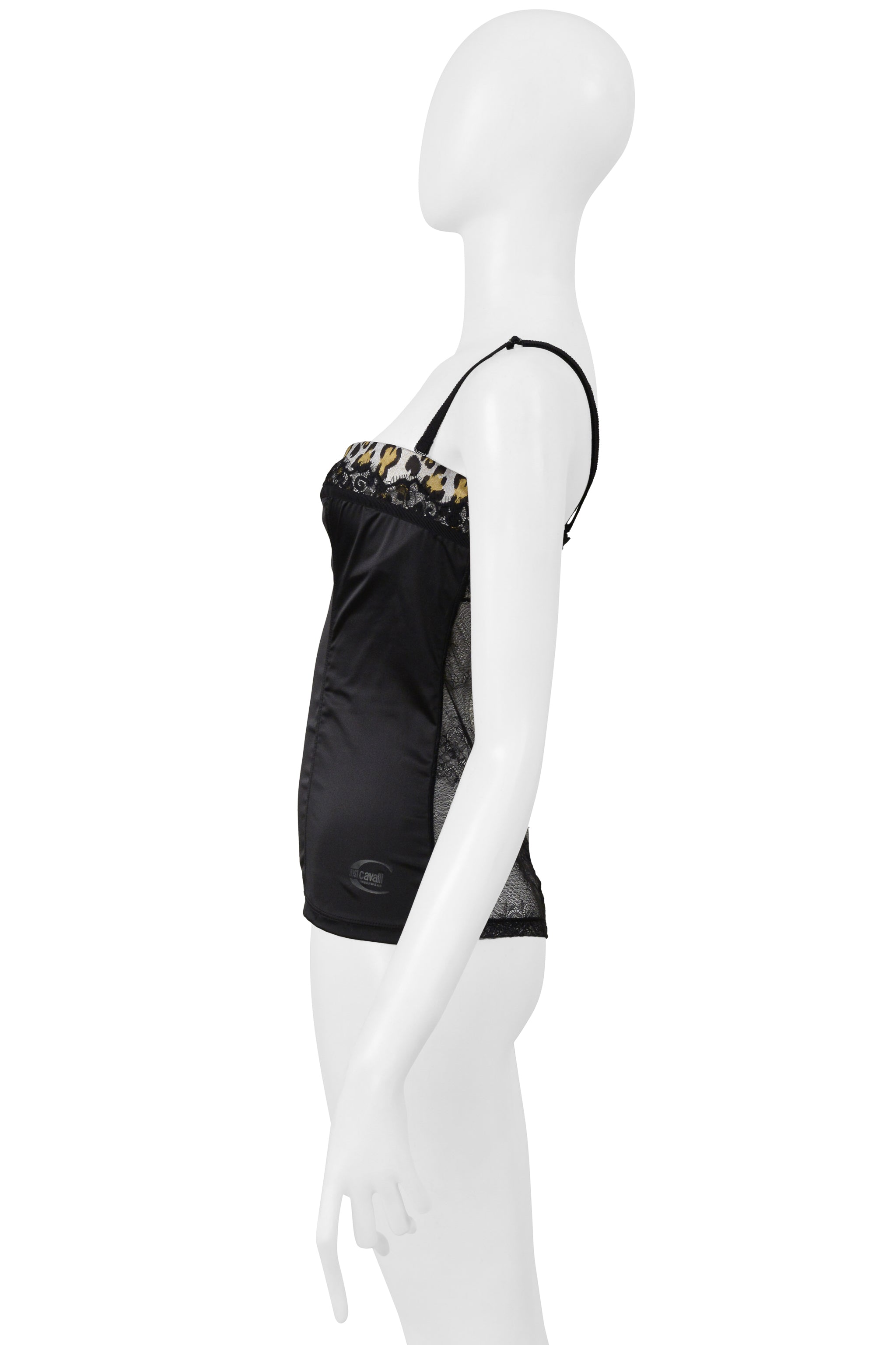 ROBERTO CAVALLI JUST CAVALLI BLACK SATIN & LEOPARD PRINT TOP