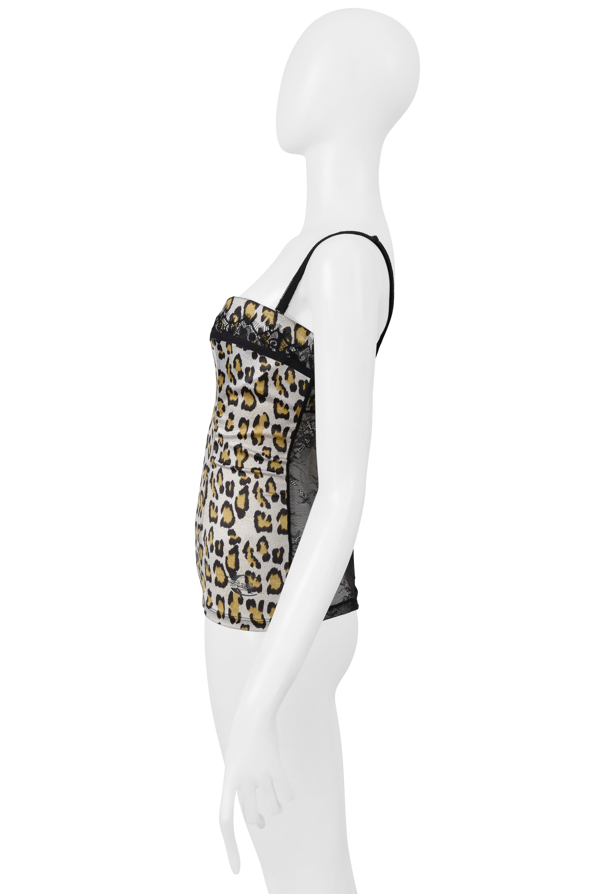 ROBERTO CAVALLI JUST CAVALLI WHITE LEOPARD PRINT & LACE CAMISOLE TOP