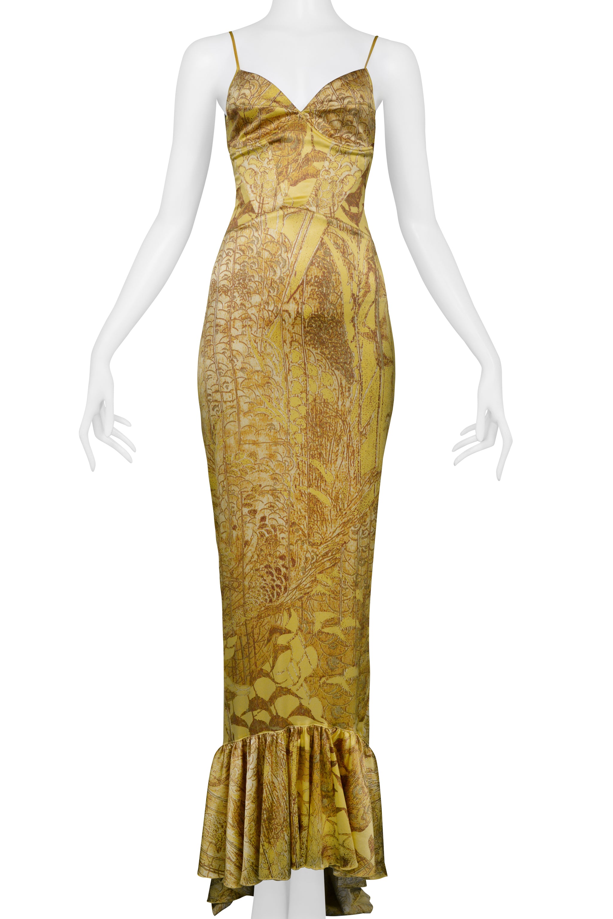 ROBERTO CAVALLI GOLD SATIN BUSTIER GOWN WITH TRAIN