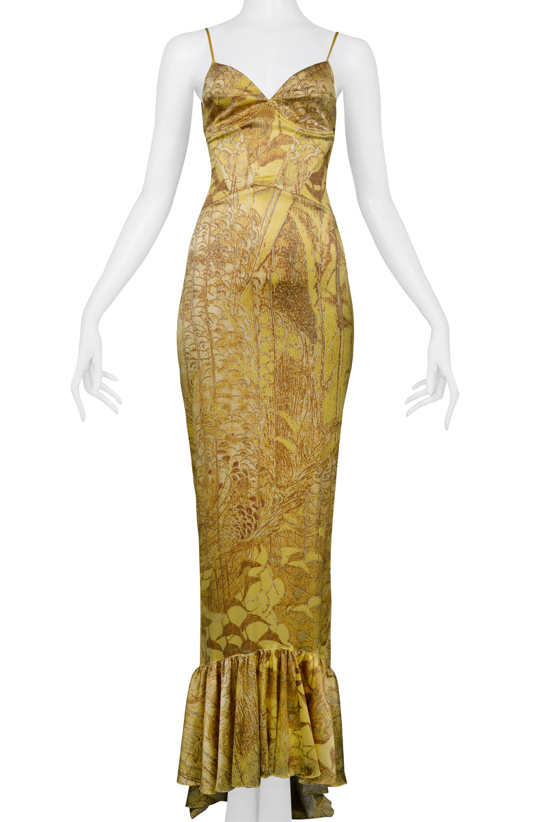 ROBERTO CAVALLI GOLD SATIN BUSTIER GOWN WITH TRAIN