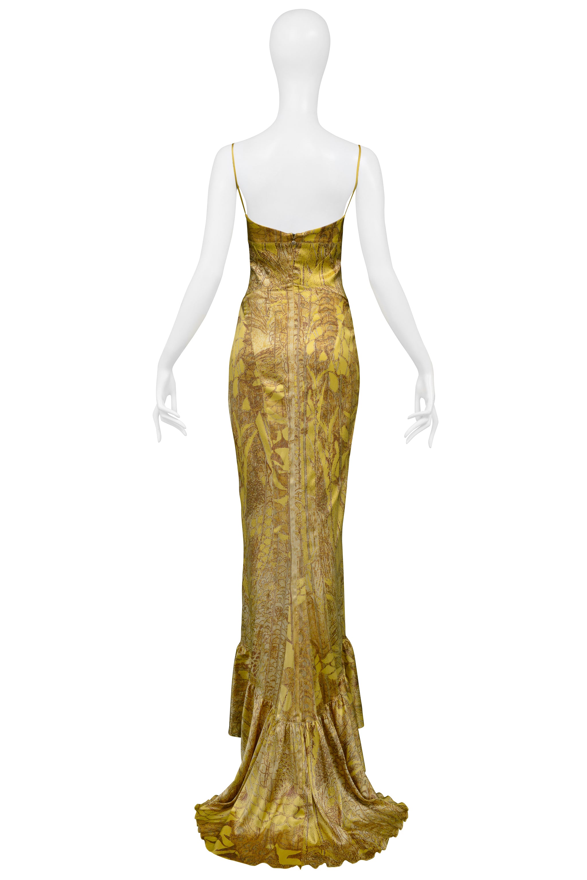ROBERTO CAVALLI GOLD SATIN BUSTIER GOWN WITH TRAIN