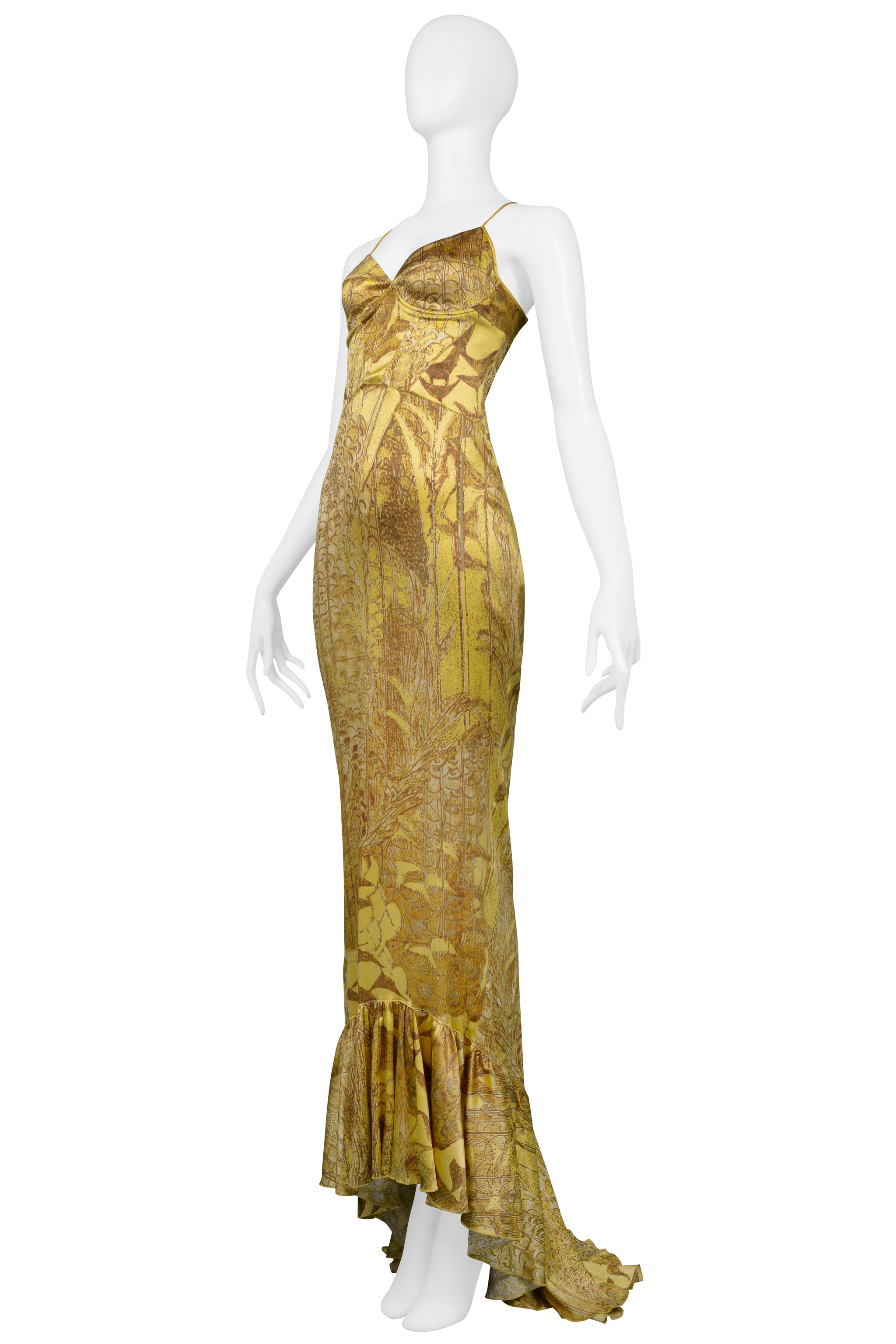 ROBERTO CAVALLI GOLD SATIN BUSTIER GOWN WITH TRAIN