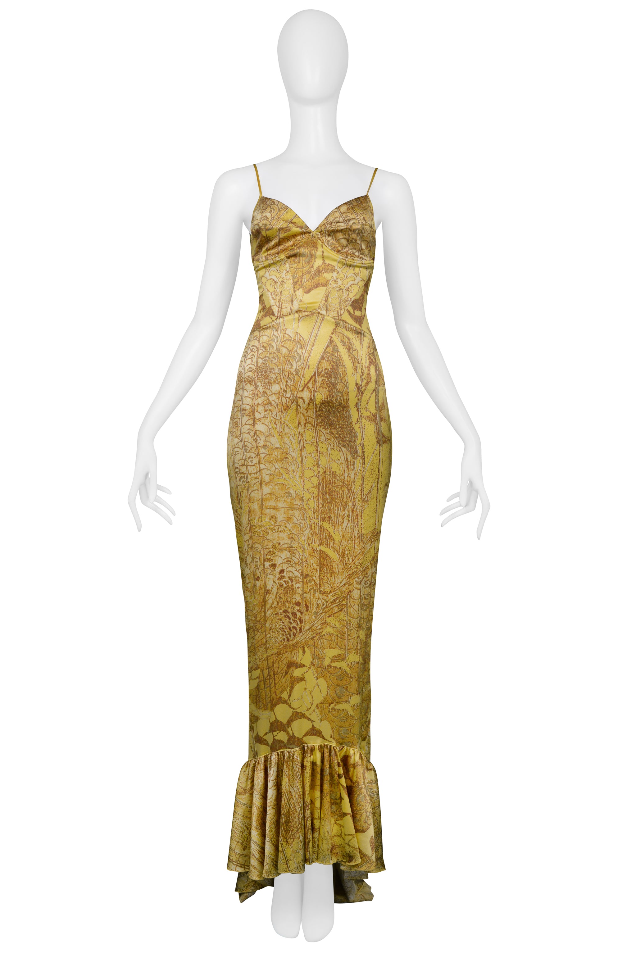ROBERTO CAVALLI GOLD SATIN BUSTIER GOWN WITH TRAIN