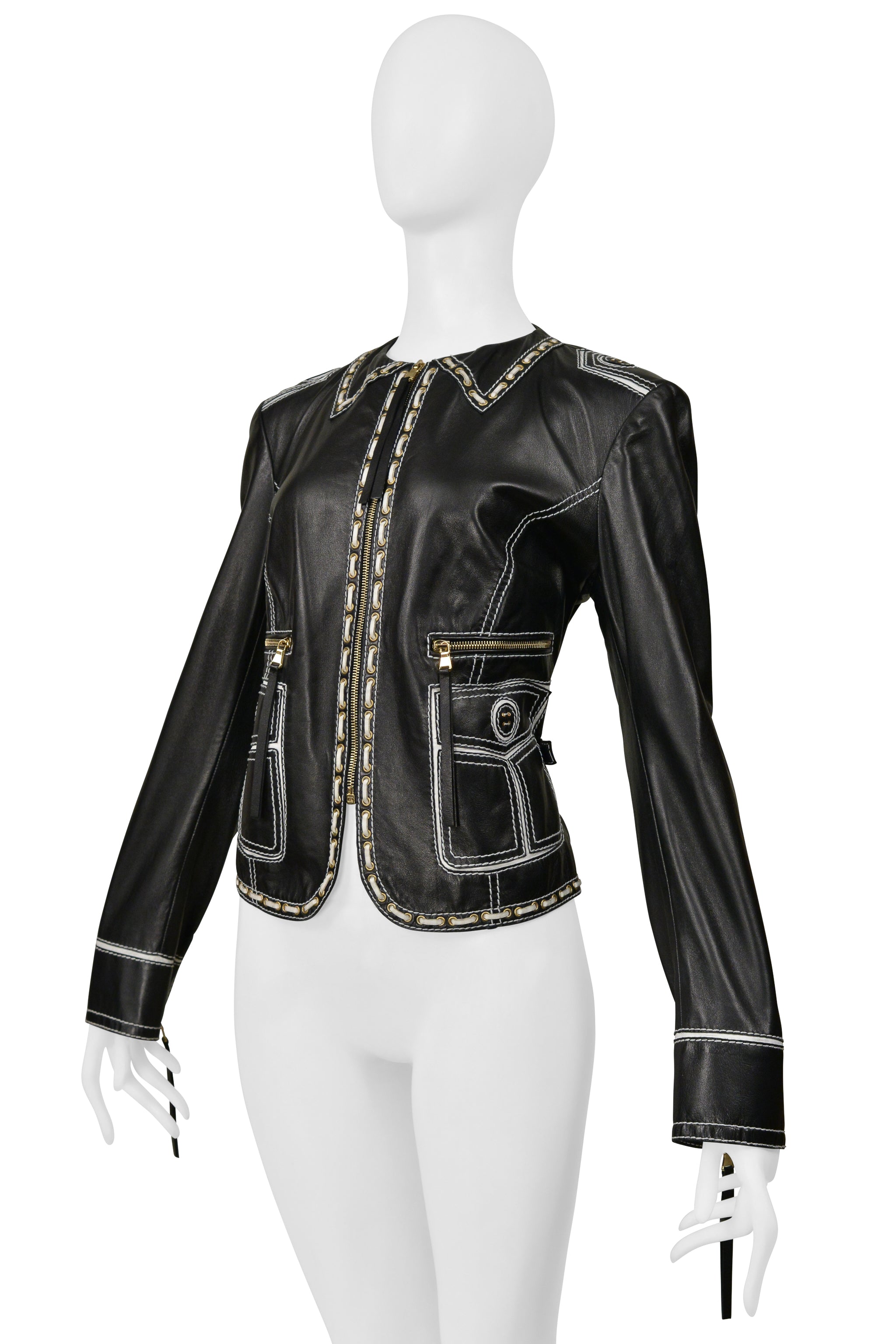 ROBERTO CAVALLI LEATHER JACKET WITH WHITE LACE DETAILING