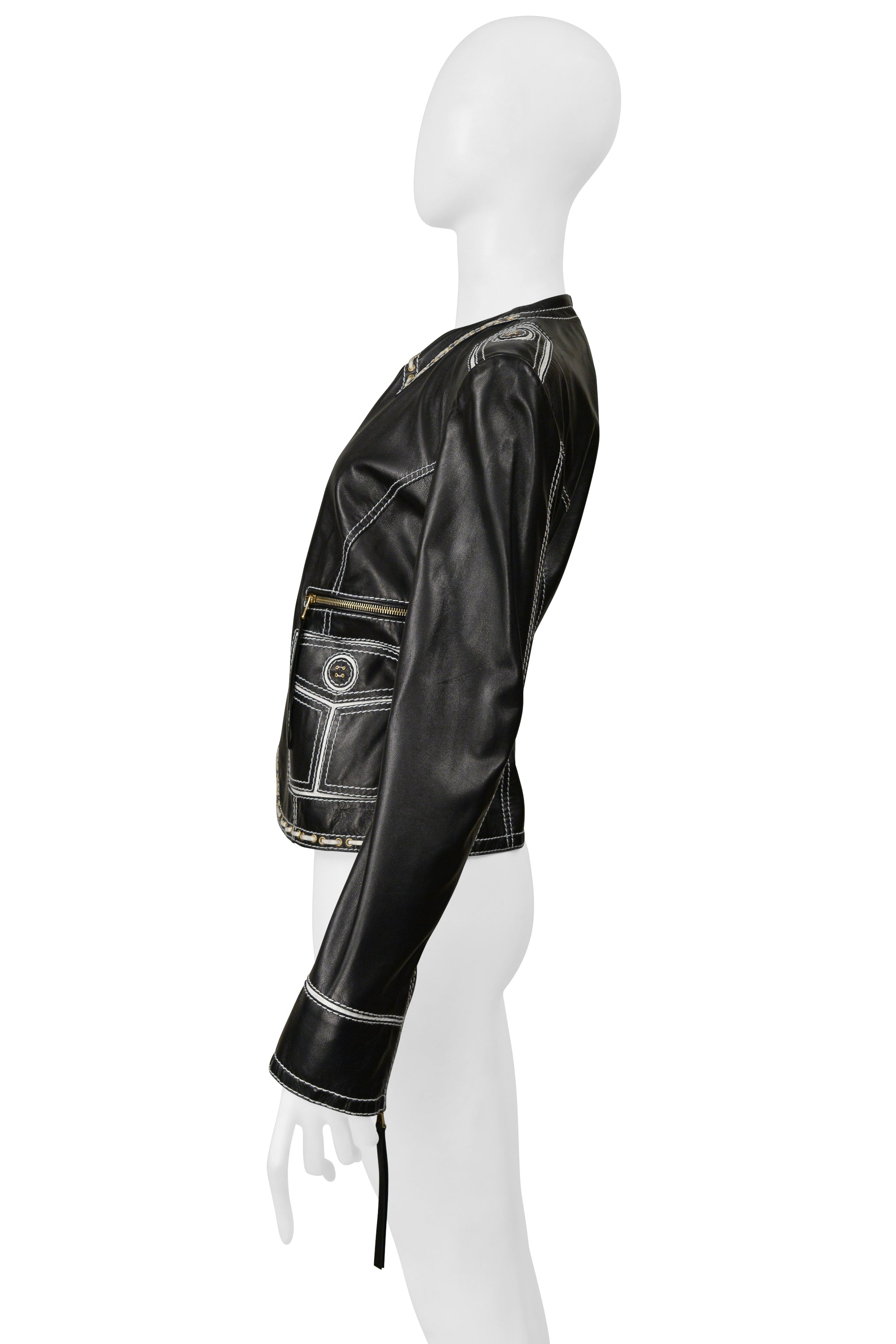 ROBERTO CAVALLI LEATHER JACKET WITH WHITE LACE DETAILING