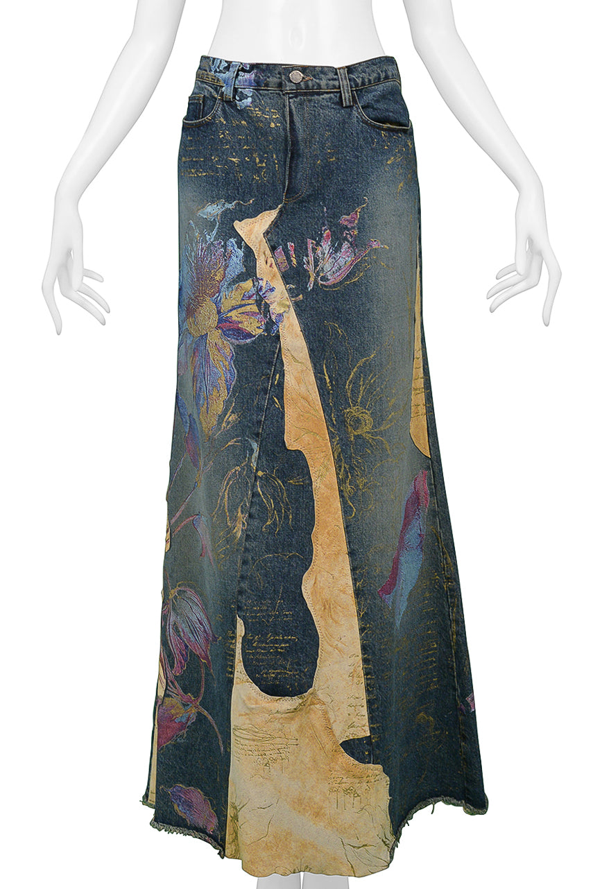 ROBERTO CAVALLI LONG DENIM & LEATHER HAND PAINTED SKIRT WITH SLIT