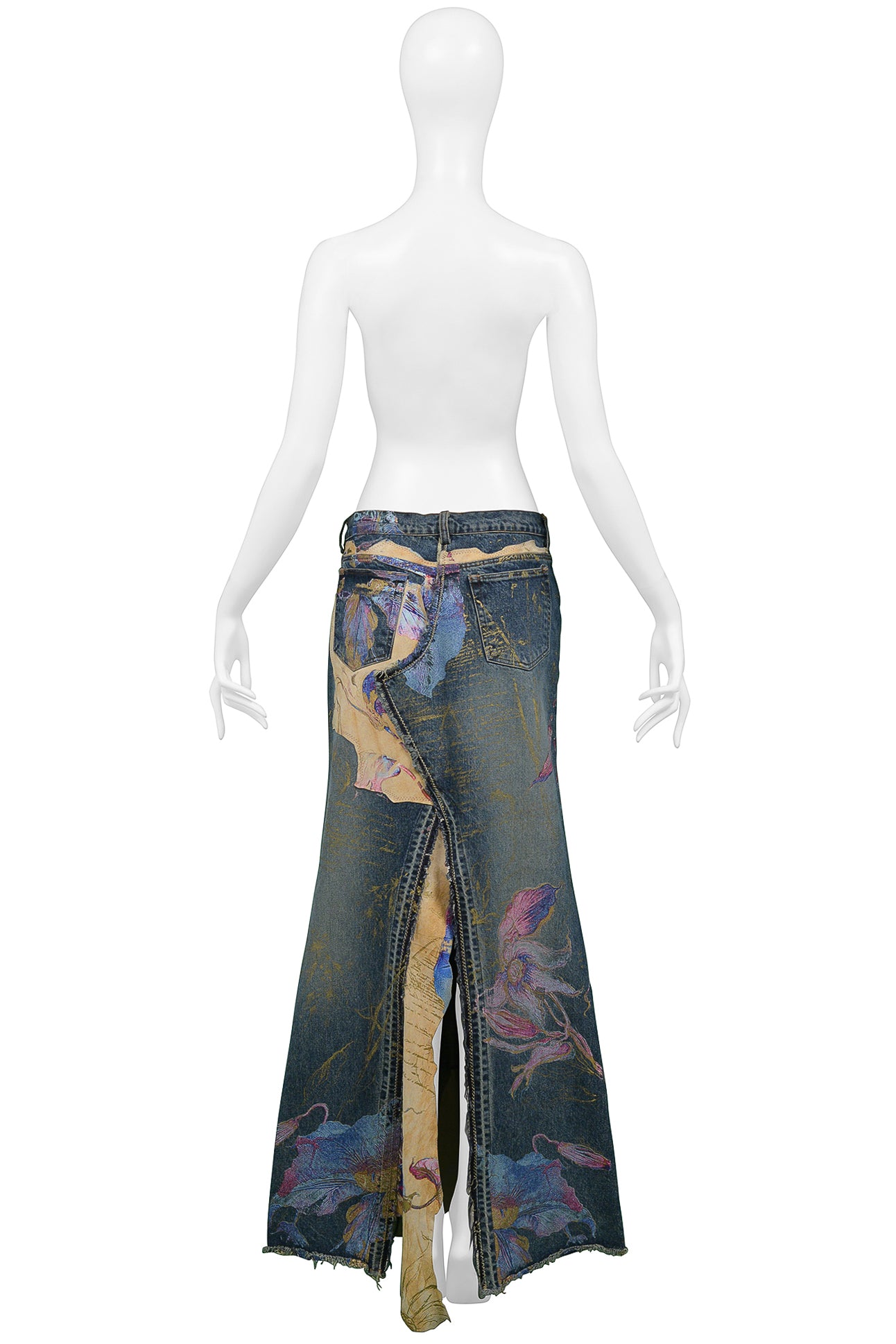 ROBERTO CAVALLI LONG DENIM & LEATHER HAND PAINTED SKIRT WITH SLIT
